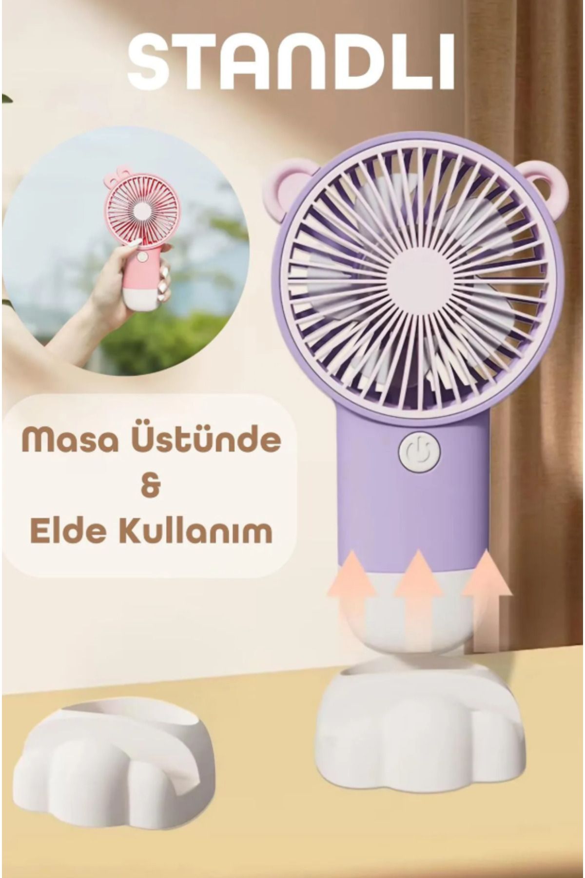 BK Commerce Mor Şarjlı Telefon Standlı Taşınabilir Mini Masa Vantilatörü - Mini Fan