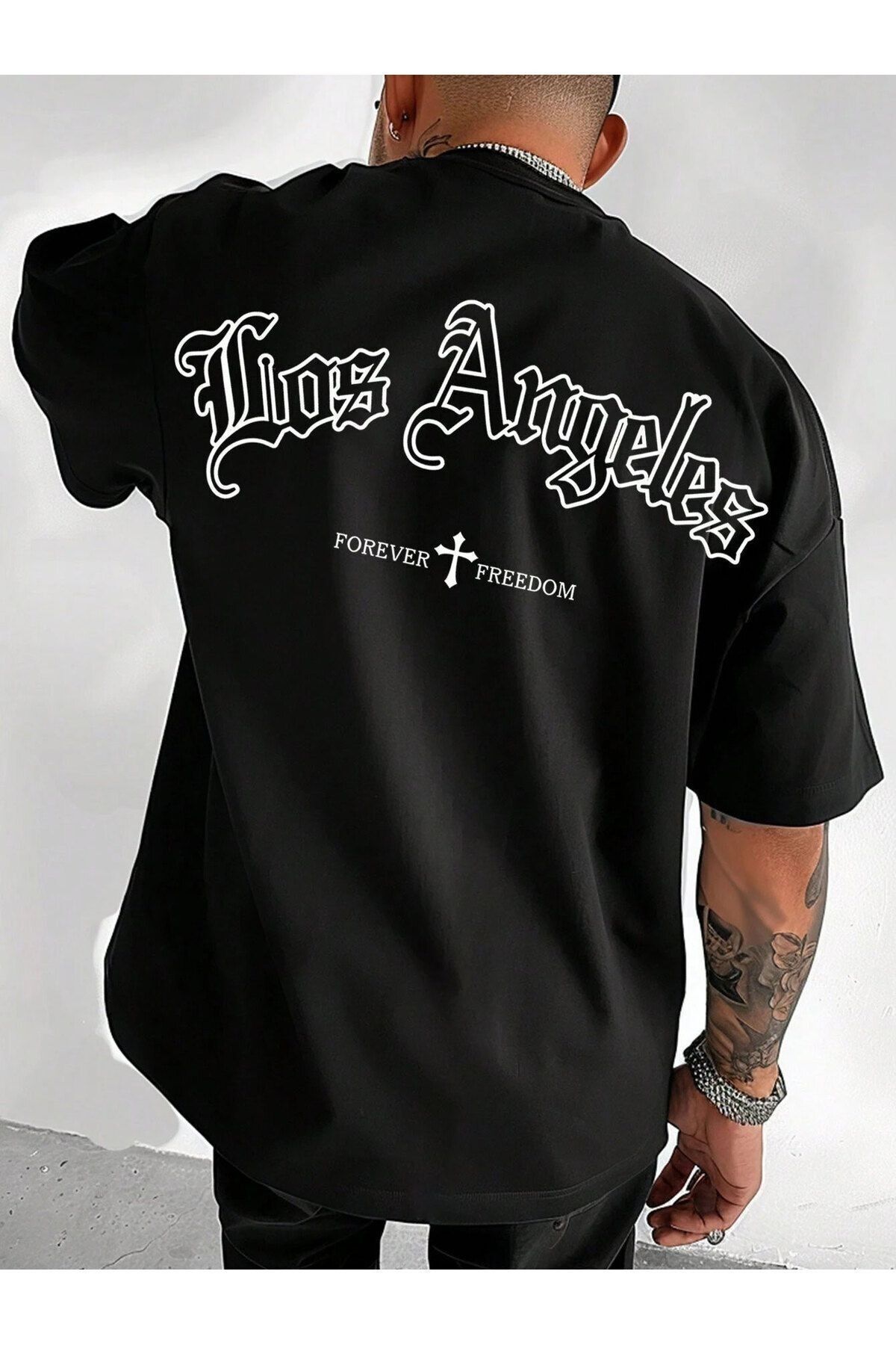 Know Erkek Siyah Los Angeles Forever Freedom Baskı Oversize Tişört