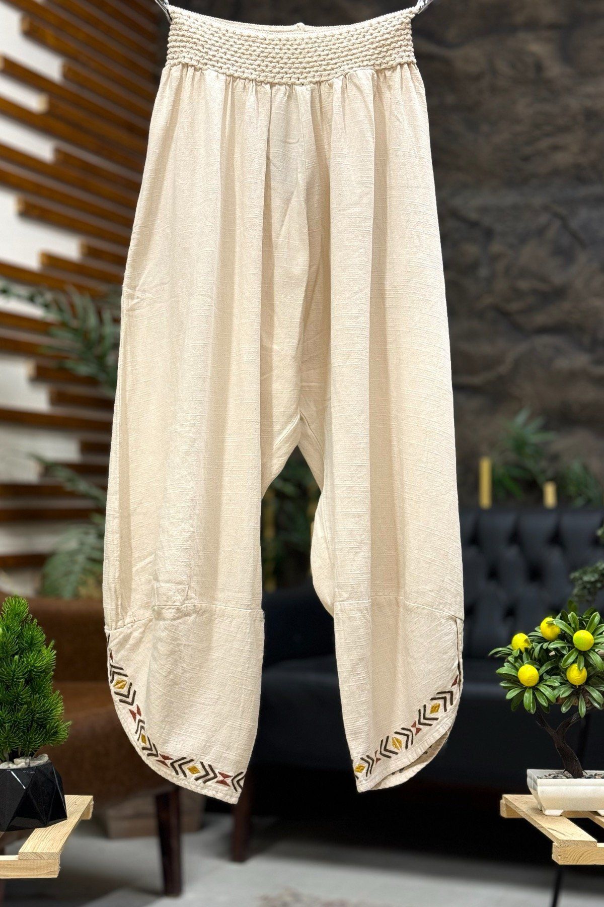 sahnemoda Bel Lastikli Paça Nakışlı Bol Keten Pantolon