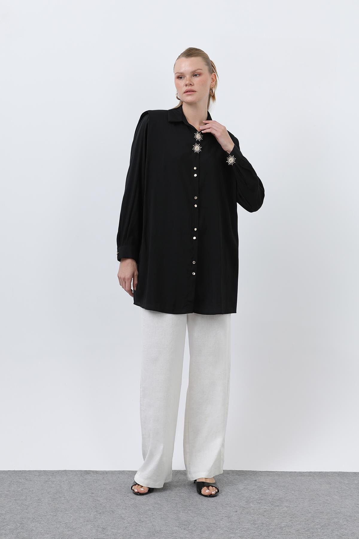 Puane Kadın Broş Detaylı Düğmeli Oversize Gömlek-10694GML - BLACK