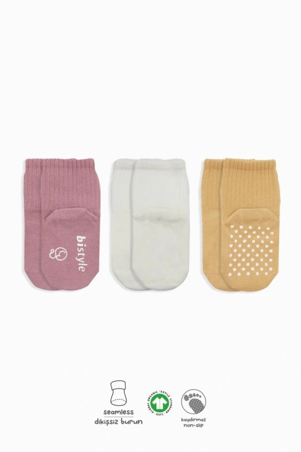 OurStyles Bistyle Basic Kaymaz Penye Soket Çorap 3'Lü BS10106 Pudra Ekru Somon