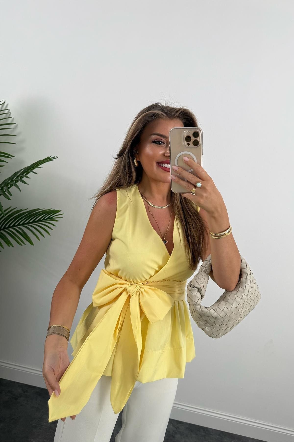 solena sln Kadın Yeni Sezon Eteği Valonlu Beli Kuşaklı Kruvaze Poplin Bluz Tatlı Sarı - butter yellow