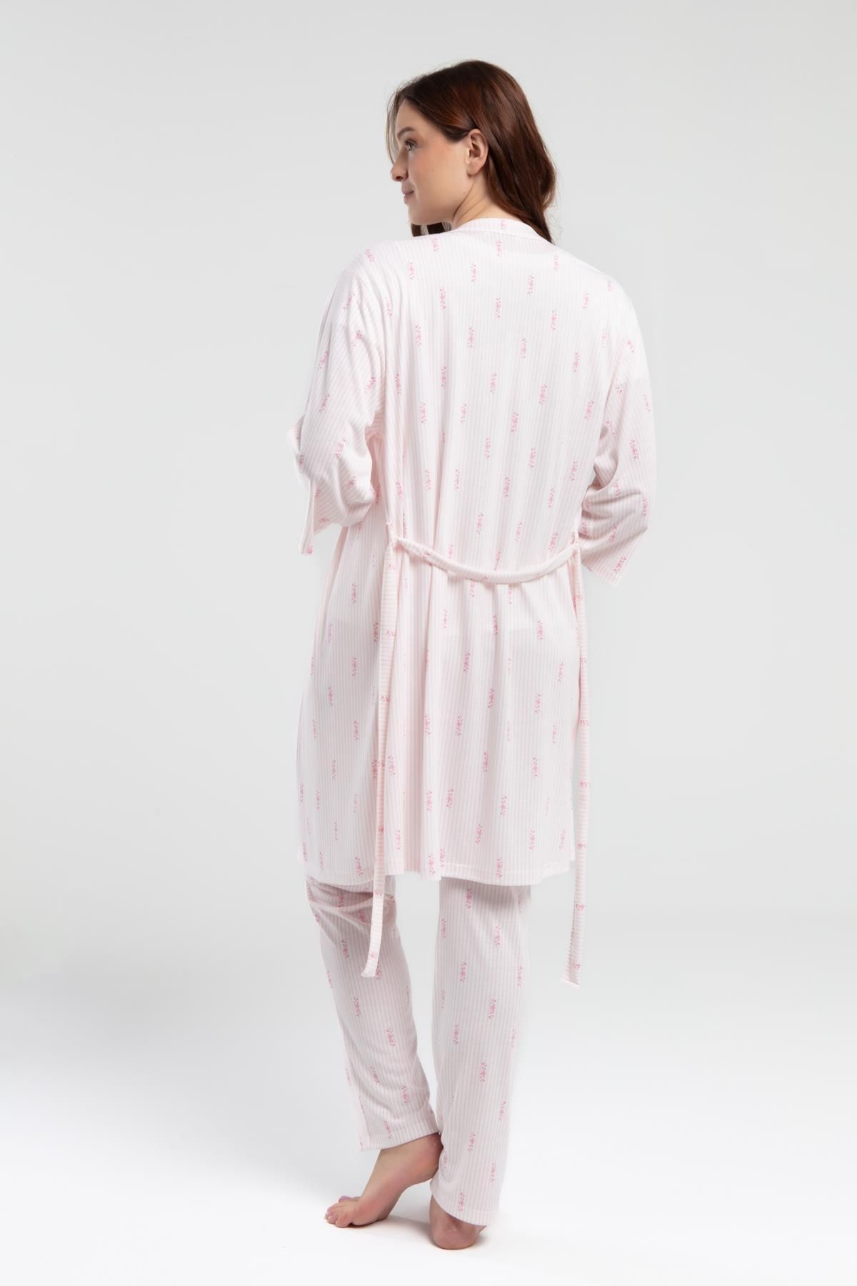 Arnetta Pembe Çizgili 3'lü Lohusa Pijama Seti
