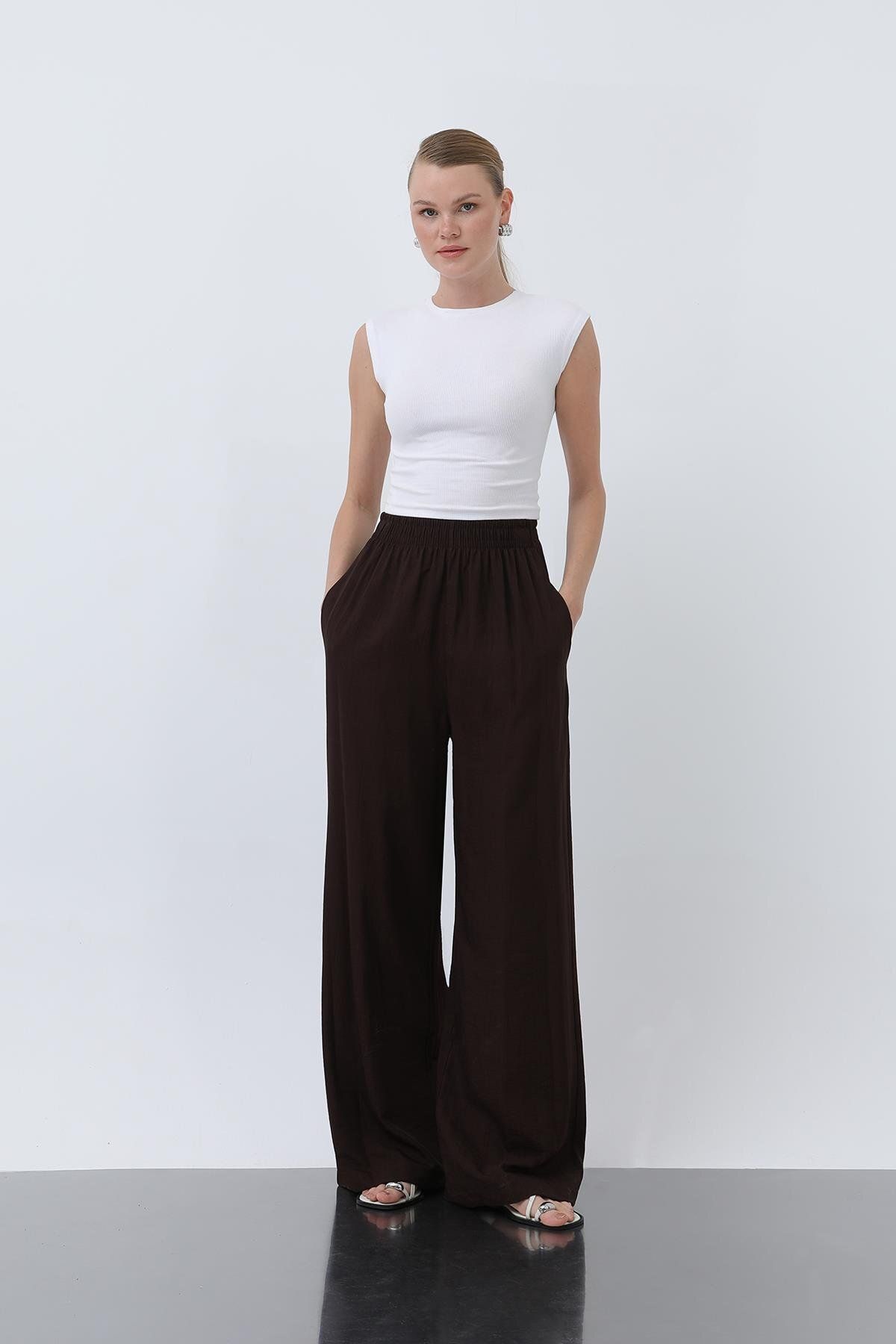 Puane Kadın Beli Lastikli Bol Pantolon - 18239PNT - BROWN