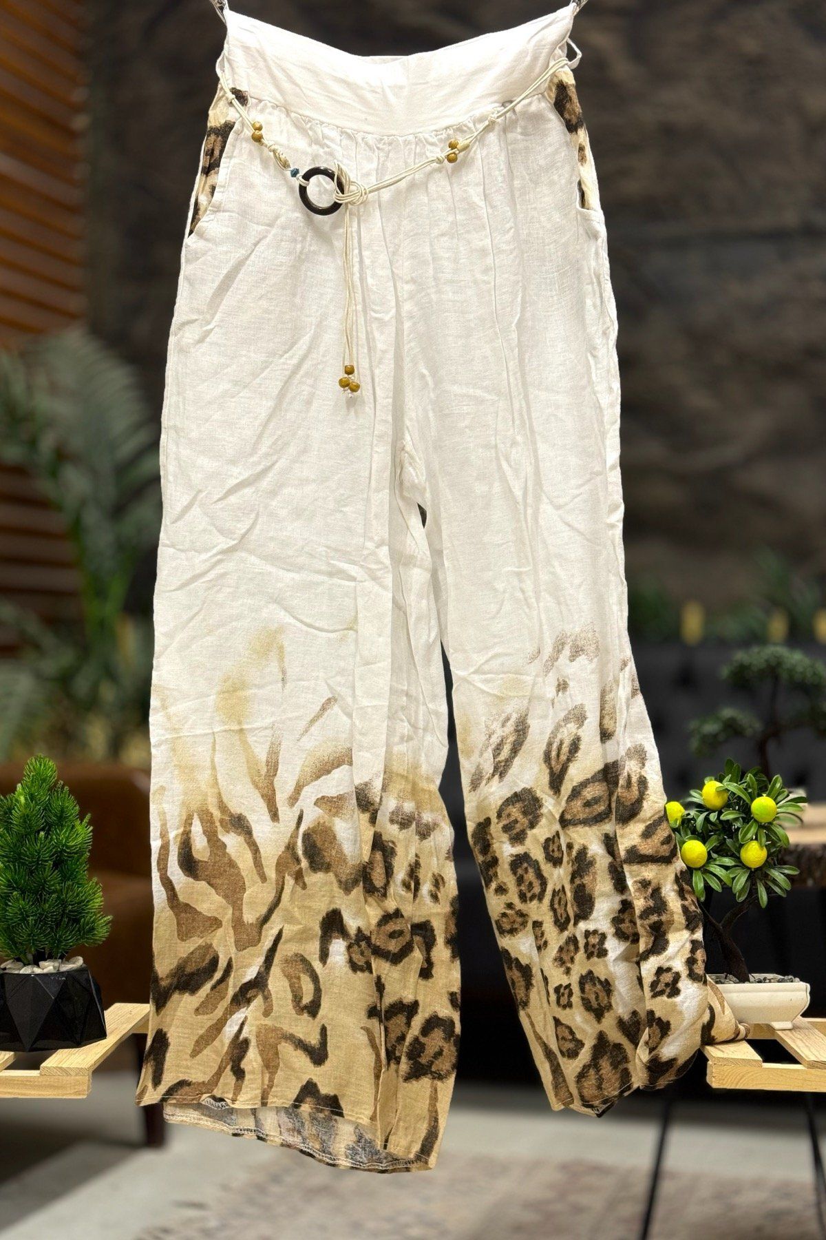 sahnemoda Paça Desenli Kemerli Bol Paça İthal Keten Pantolon