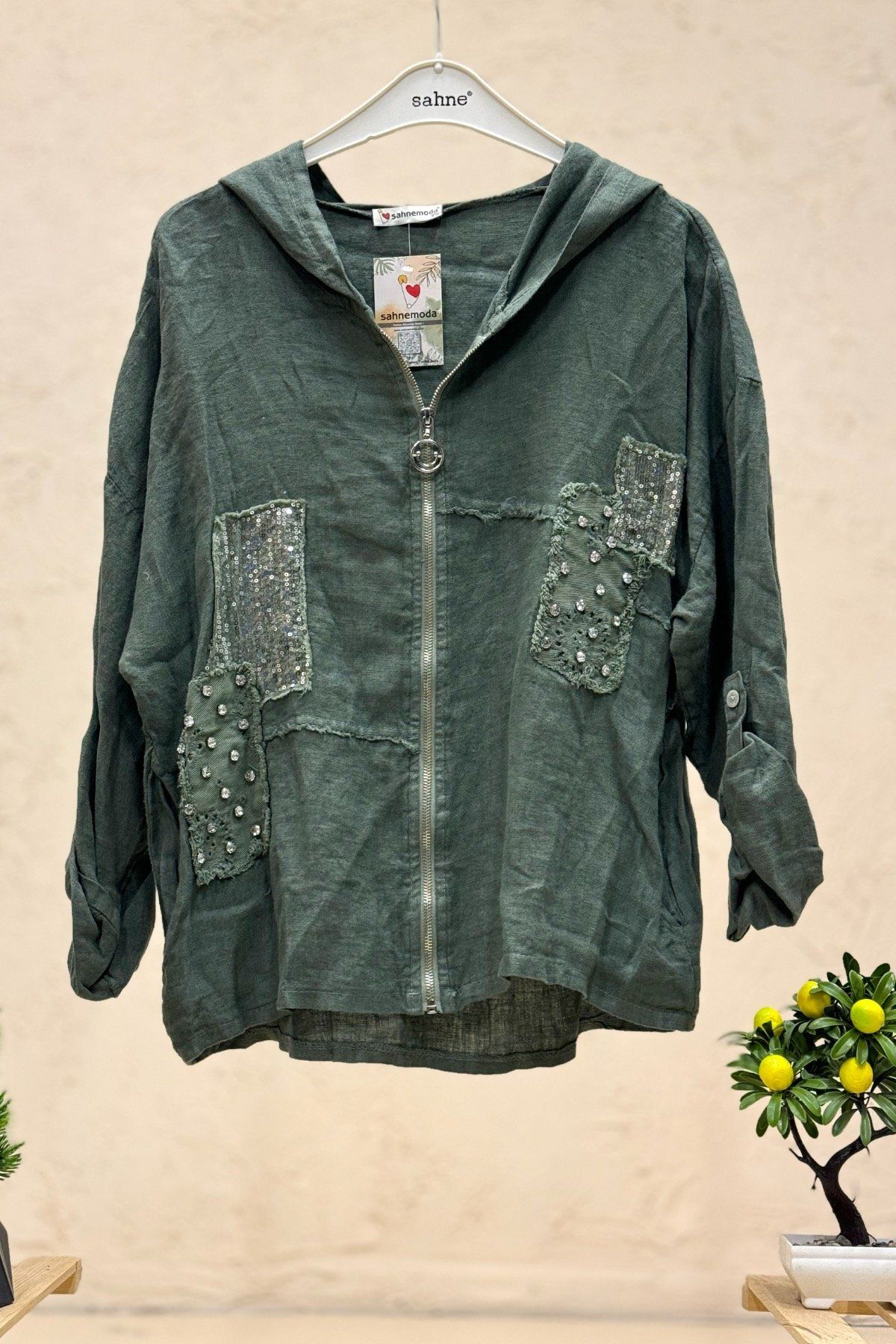 sahnemoda Taşlı Pullu Kapşonlu Fermuarlı İthal Keten Ceket