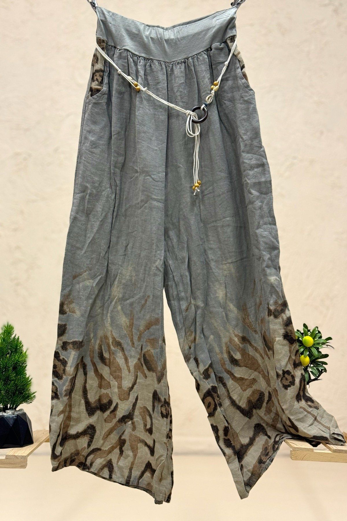 sahnemoda Paça Desenli Kemerli Bol Paça İthal Keten Pantolon