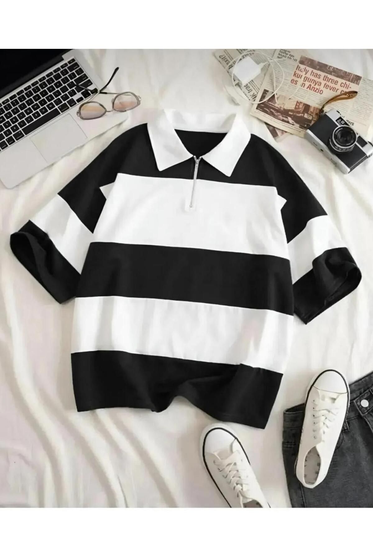 Man Unisex Polo Yaka Fermuarlı Parçalı Polo T-Shirt