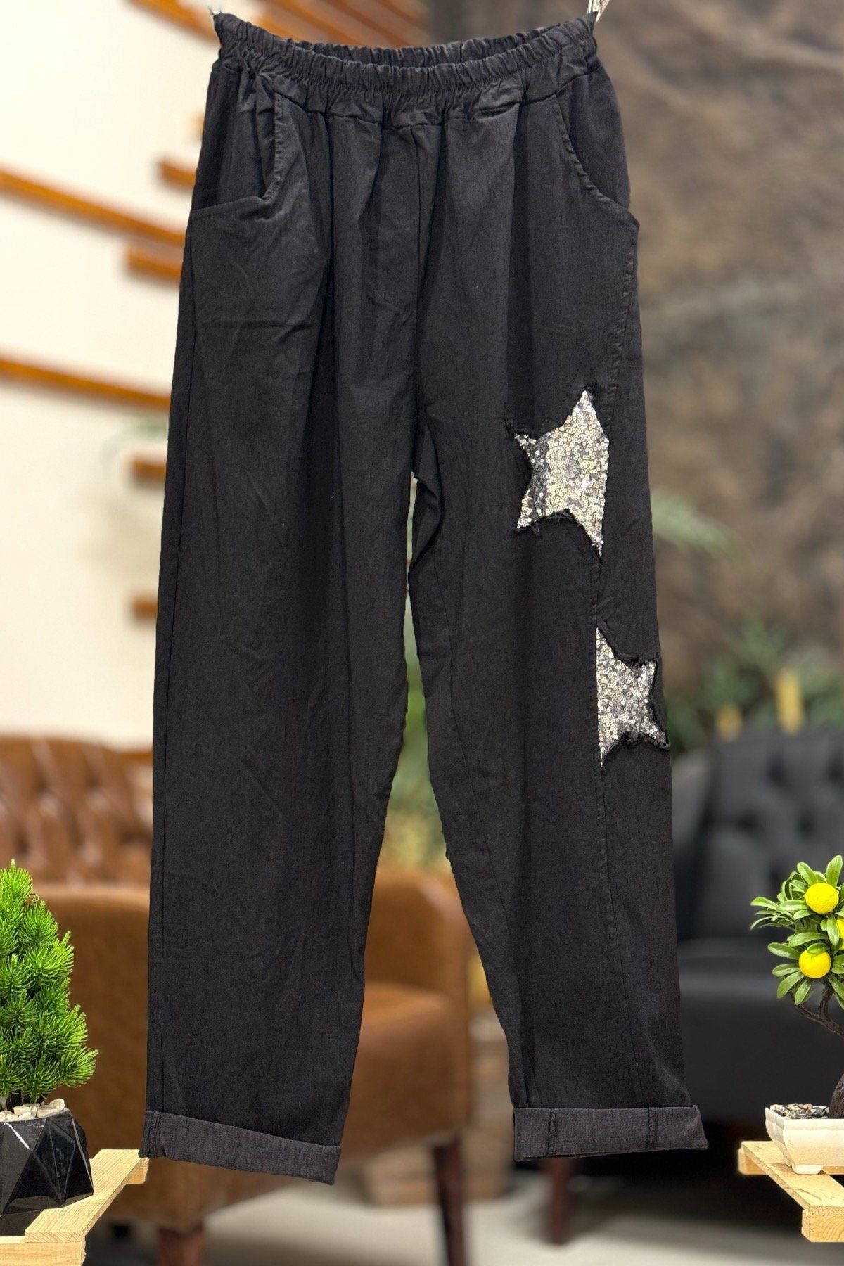 sahnemoda Yıldız Pullu Bel Latikli İthal Pantolon