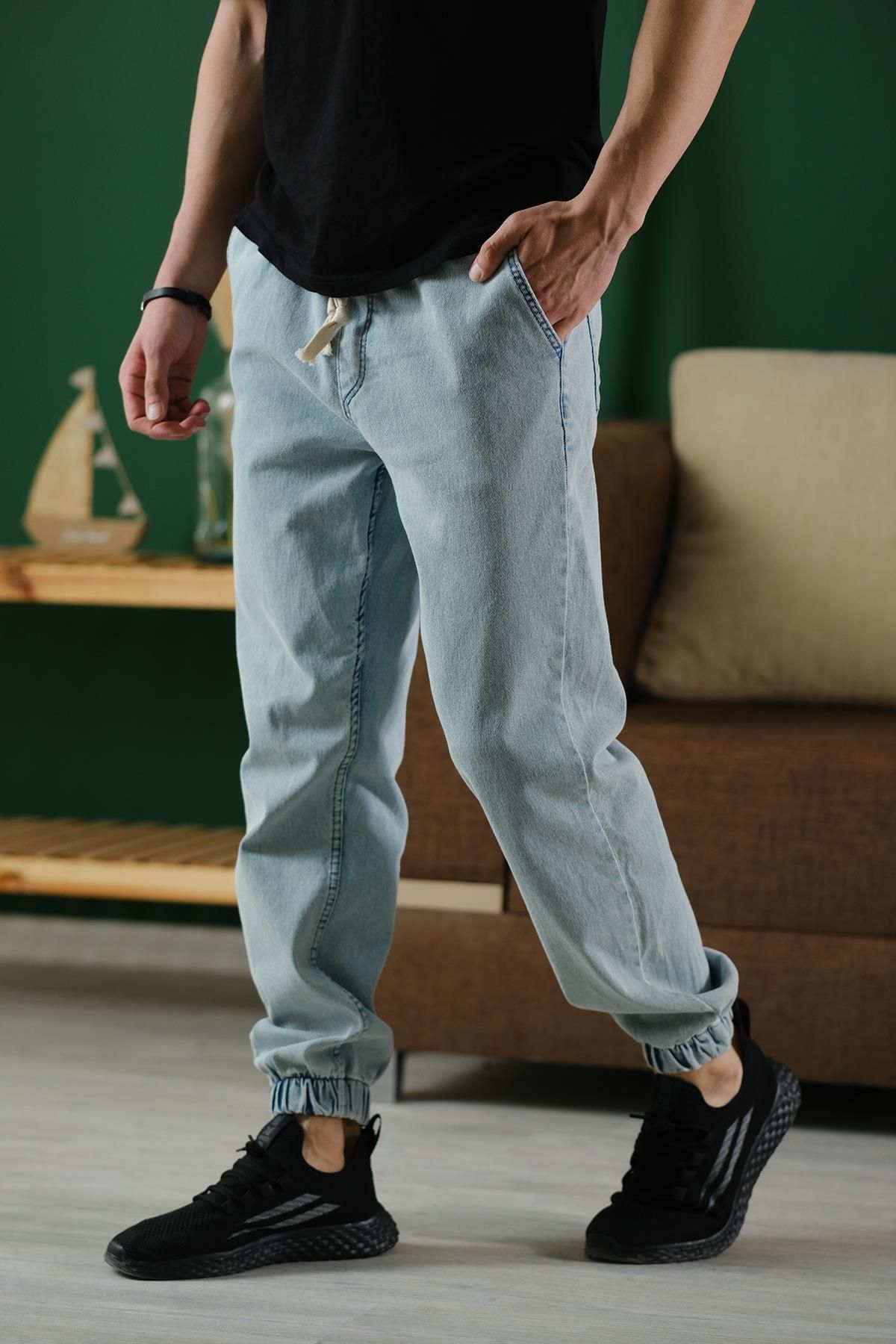 Oksit Zessi Paçası ve Beli Lastikli Slim Fit Likralı Kot Jogger Pantolon