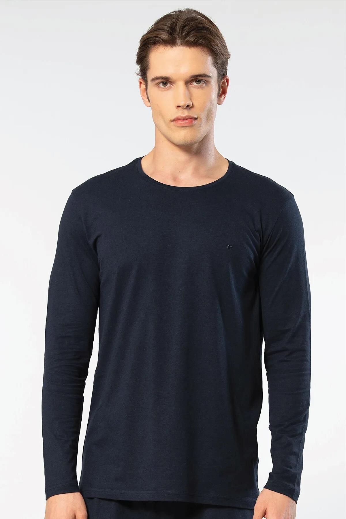 Cacharel Erkek %50 Modal, %50 Pamuk Bisiklet Yaka Uzunkol T-shirt