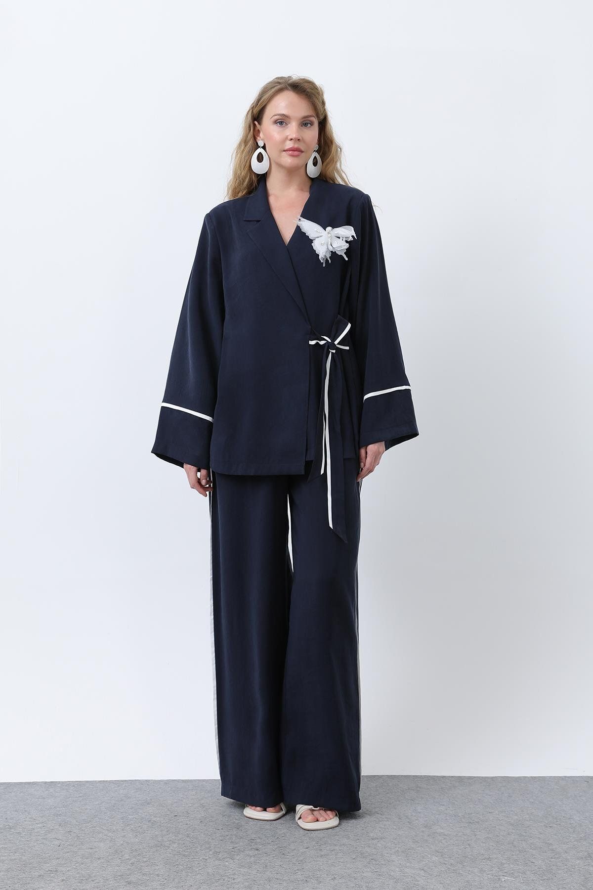 Soul Kadın Kelebekli Kimona Pantolon Takım -32229TKS - NAVY