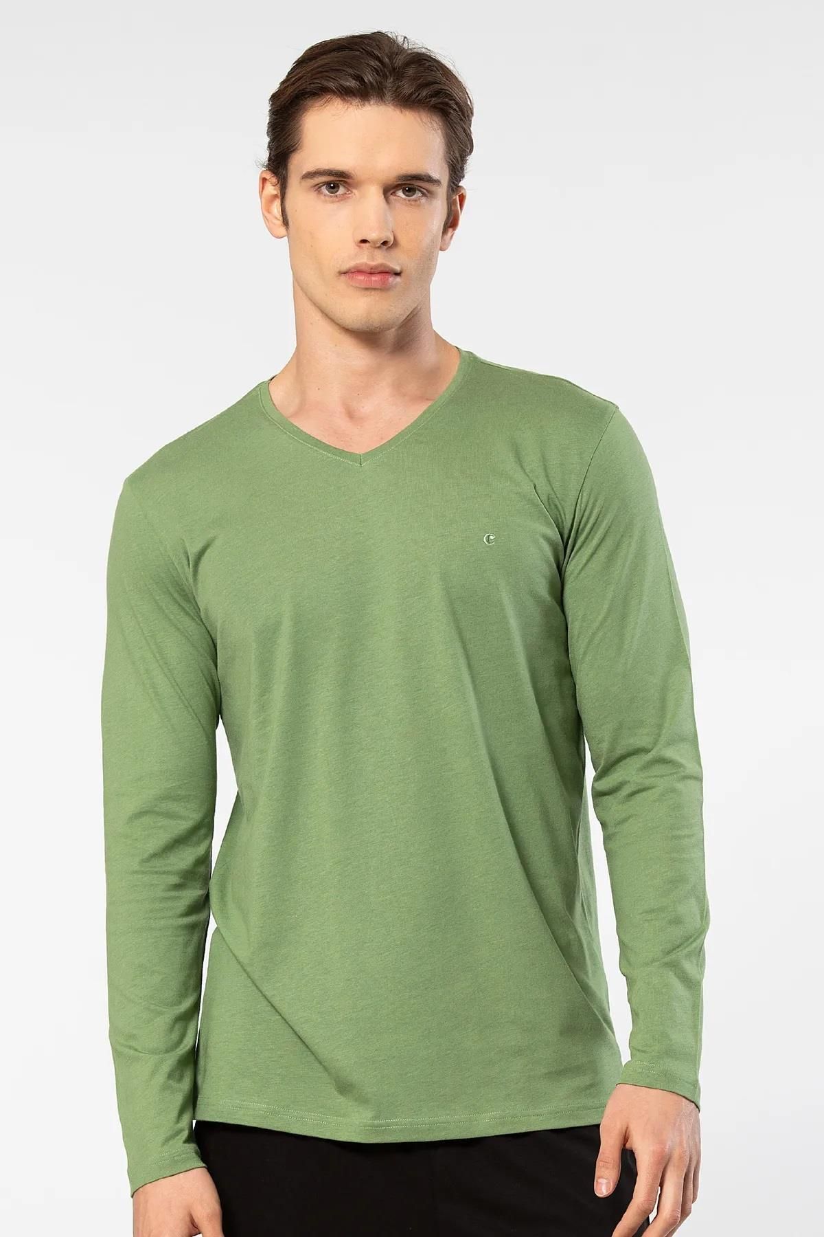 Cacharel Erkek %50 Modal, %50 Pamuk V Yaka Uzunkol T-shirt