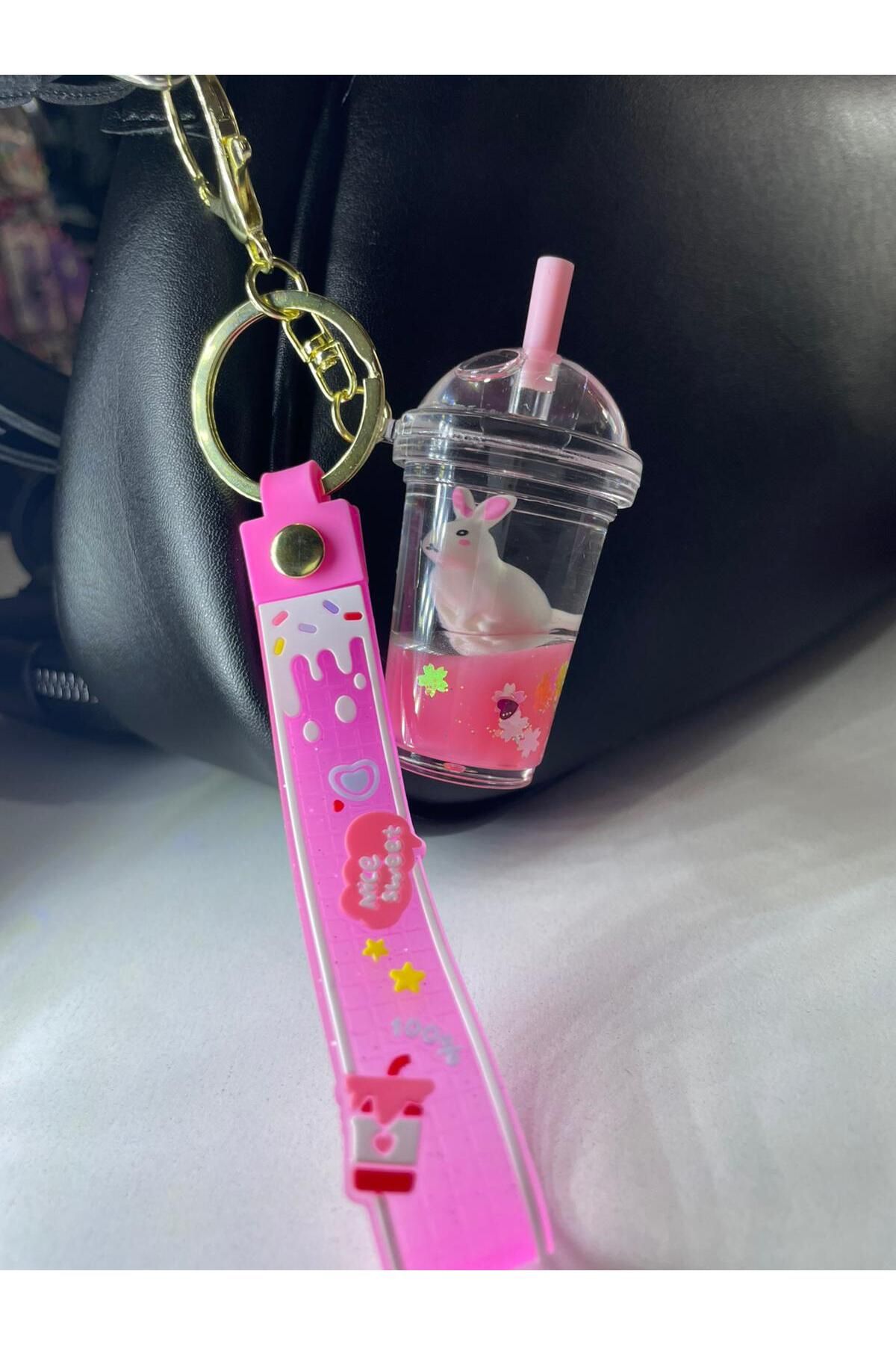 TASARIM13 1 Adet lüx içi sulu tavşianlı milshake çanta aksesuarı veya anahtarlık (renkli)