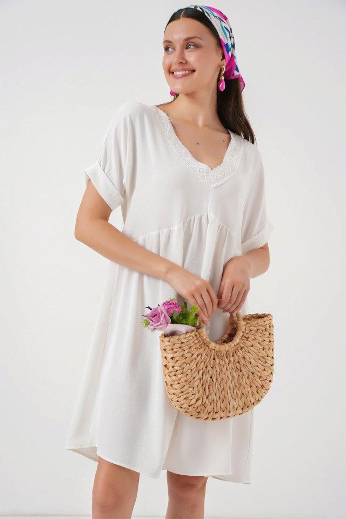 Aymood-V-Neck Short Sleeve Dress 2567 - White 4