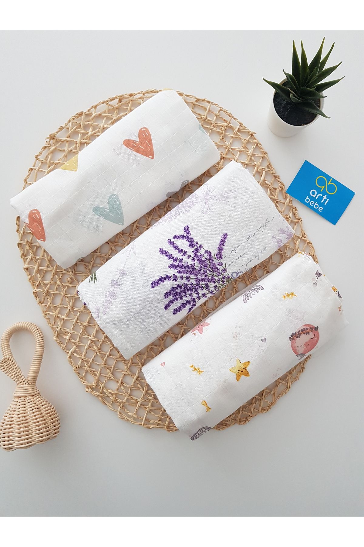 artıbebe 3’lü Müslin Örtü Seti | %100 Pamuk Müslin Bez | Bebek Kundak, Omuz Bezi, Emzirme Örtüsü | Artı Bebe