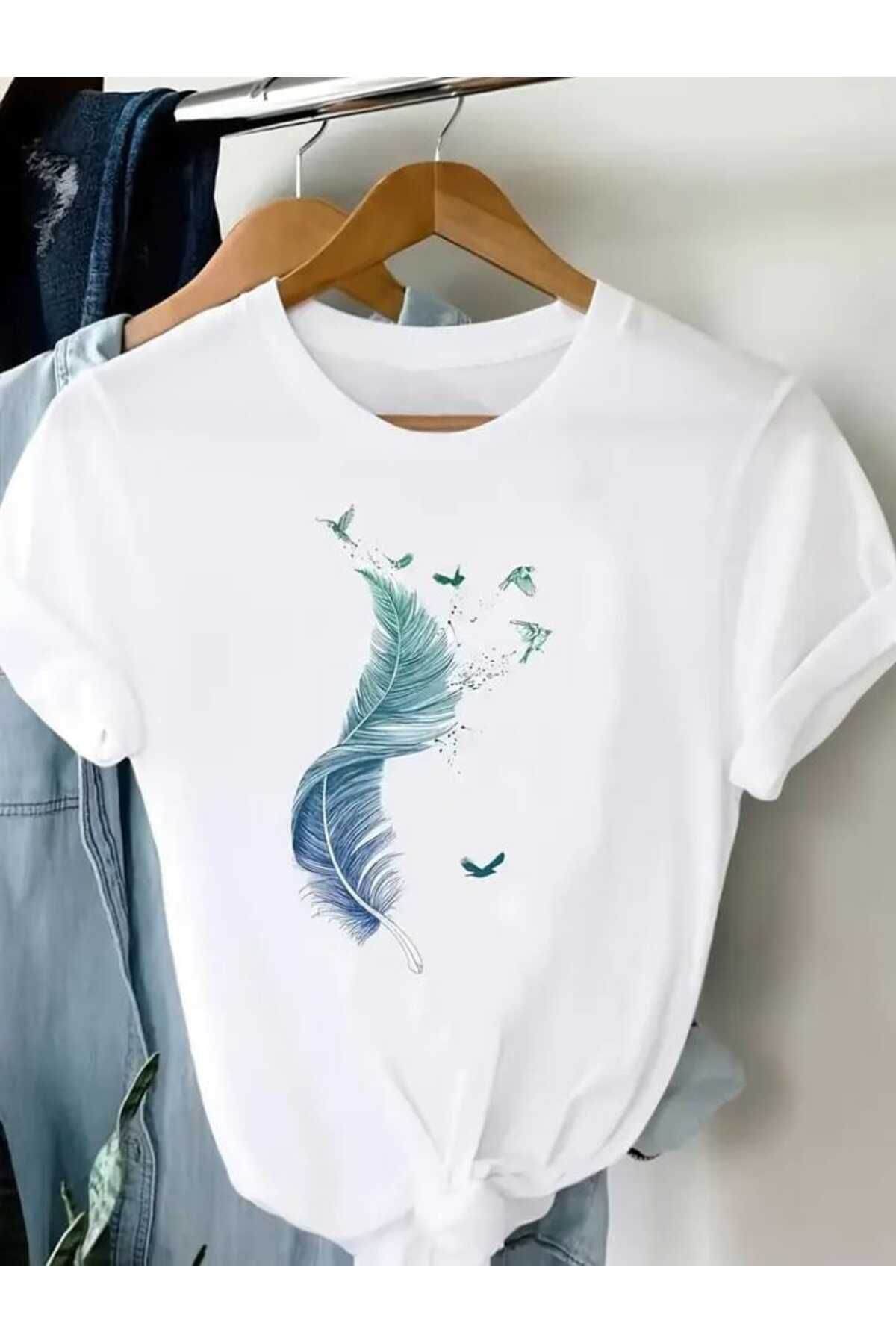 TekTarzz Unisex Kuş Tüyü ve Martı Baskı Tasarımlı Trend Tshirt