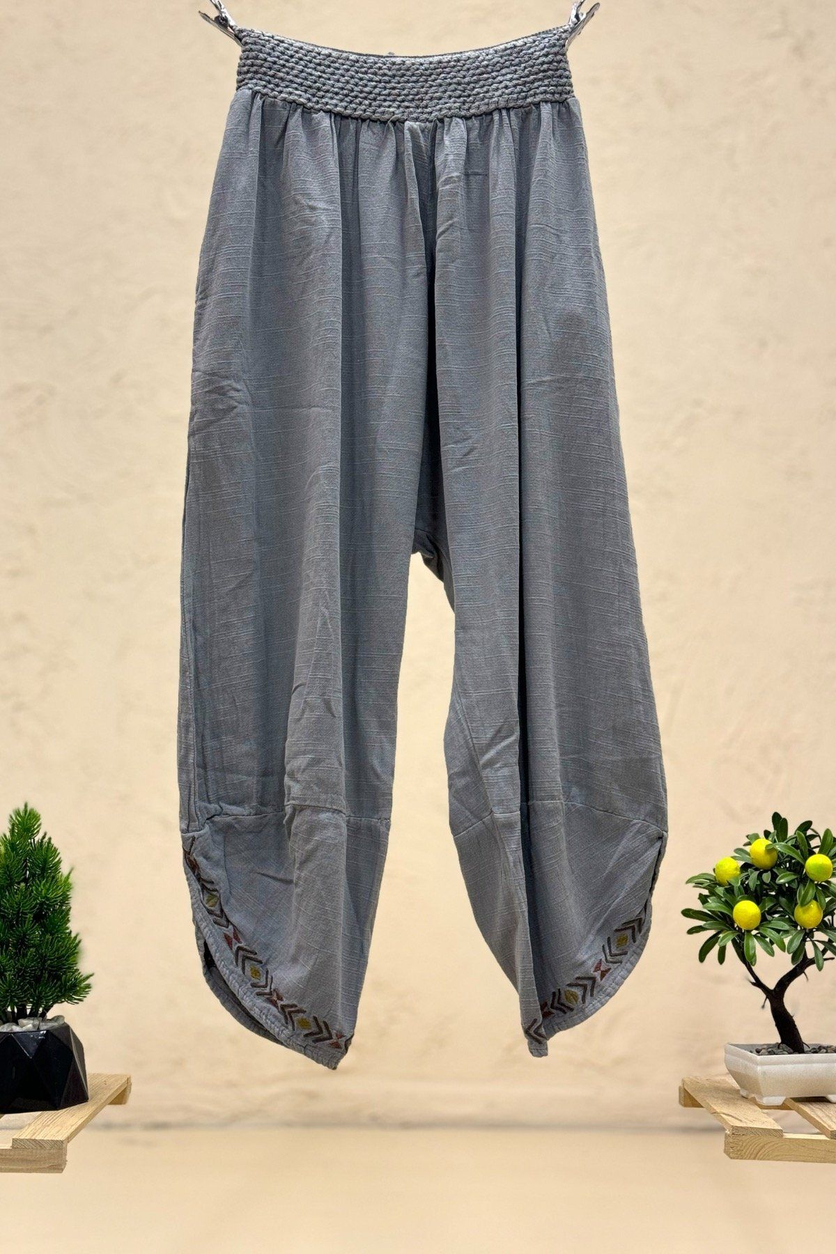 sahnemoda Bel Lastikli Paça Nakışlı Bol Keten Pantolon