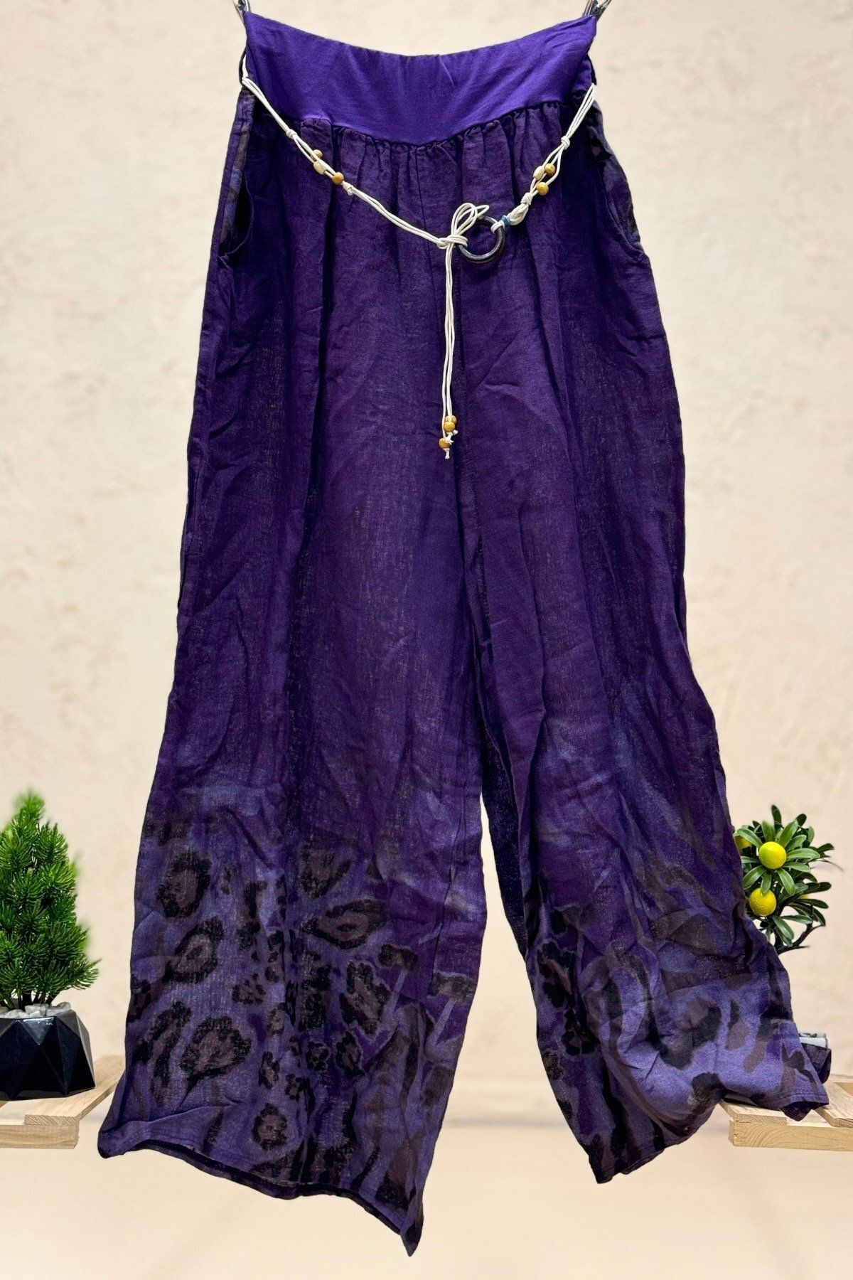 sahnemoda Paça Desenli Kemerli Bol Paça İthal Keten Pantolon