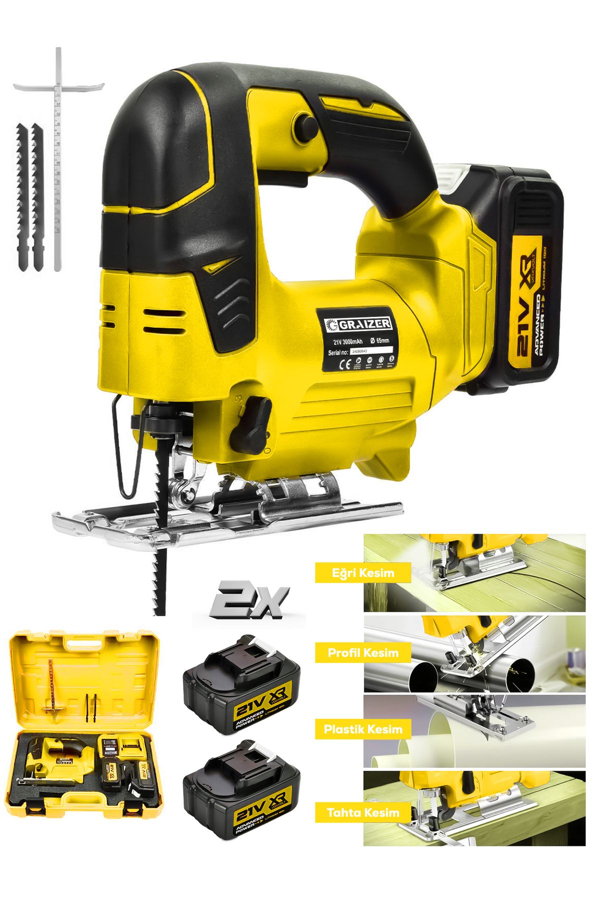 Graizer Powerforge Profesyonel 21v Çift Akülü Metal Şanzıman Dekupaj Testere Makinesi-Sarı
