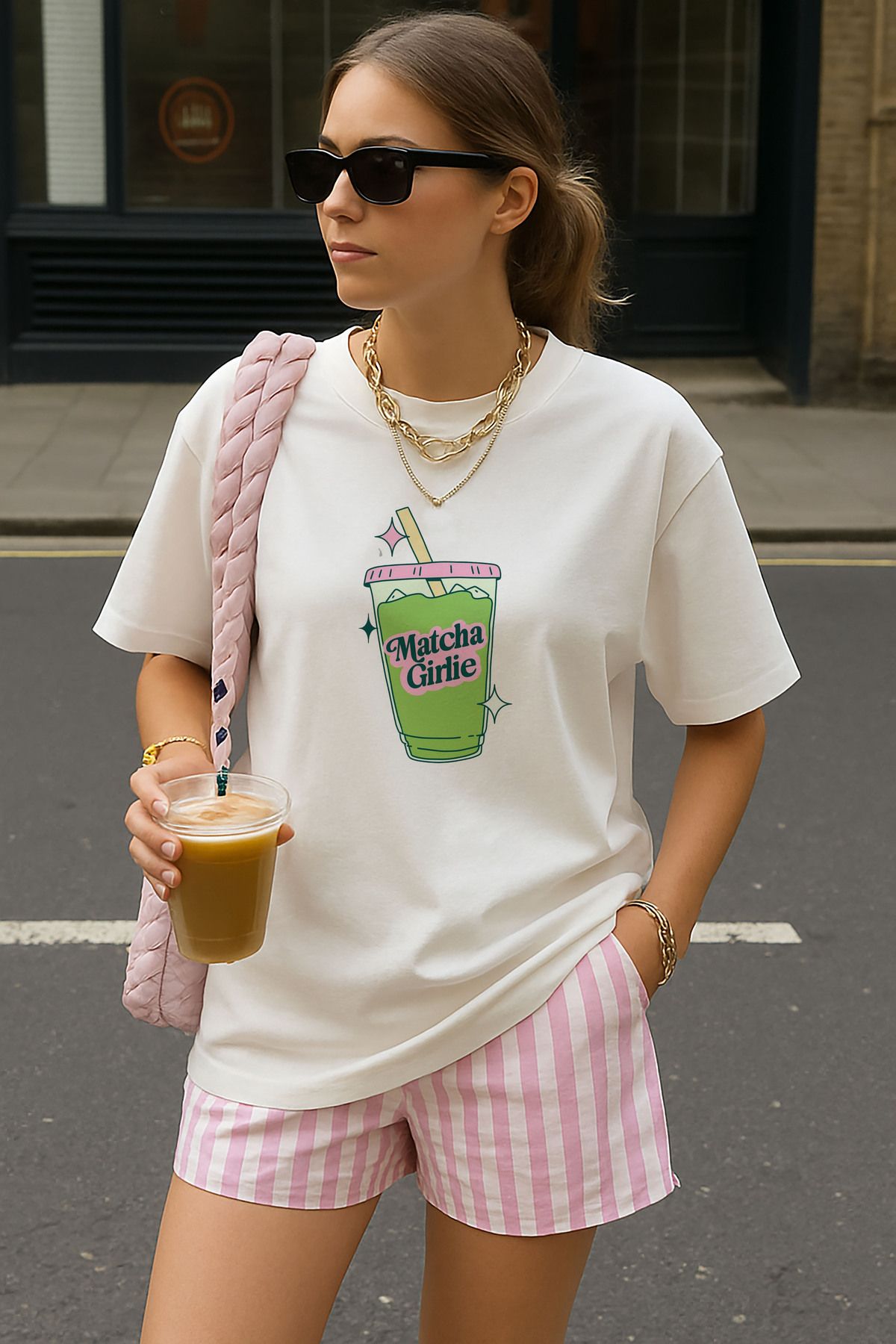 sielta Matcha Girl Baskılı Oversize Pamuklu Kadın Beyaz Tişört T-shirt