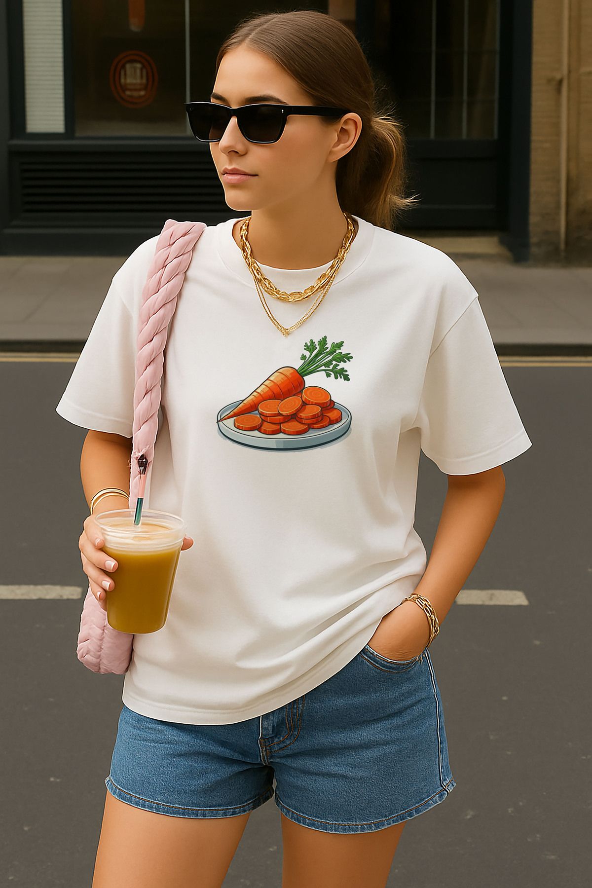 sielta Havuç Turunçgil Baskılı Oversize Pamuklu Kadın Beyaz Tişört T-shirt