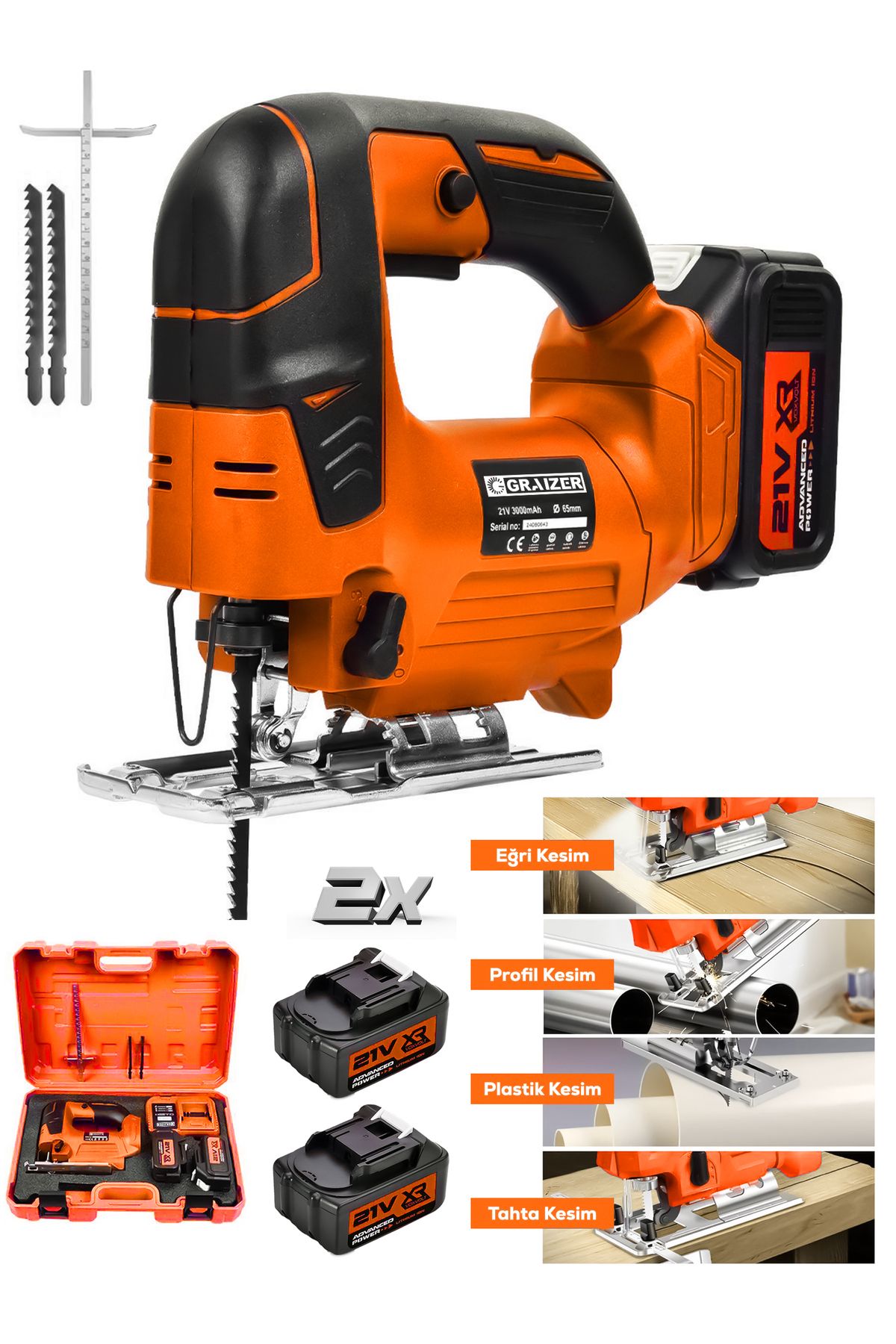Graizer Powerforge Profesyonel 21v Çift Akülü Metal Şanzıman Dekupaj Testere Makinesi-Turuncu