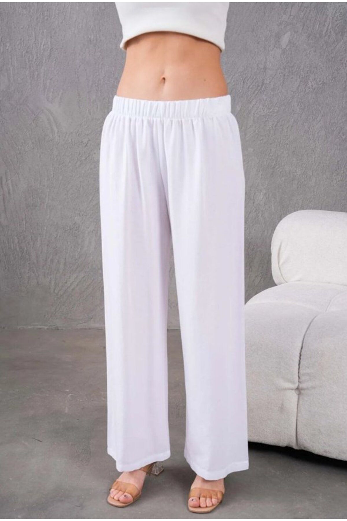 Fresh&Moda Kadın Keten Beli Lastikli Rahat Bol Paça Pantalon