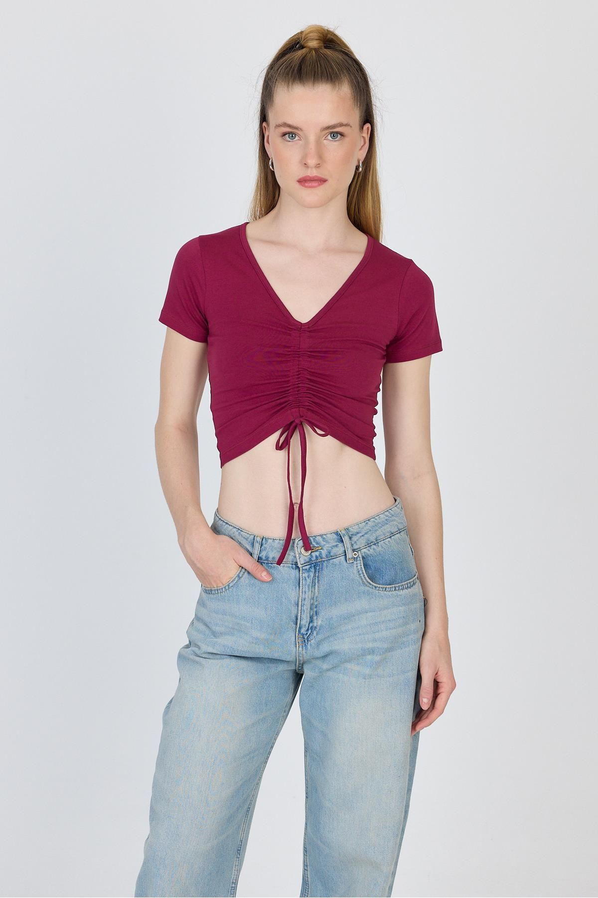 Rays Bordo V Yaka Büzgülü Crop Tişört 9201M