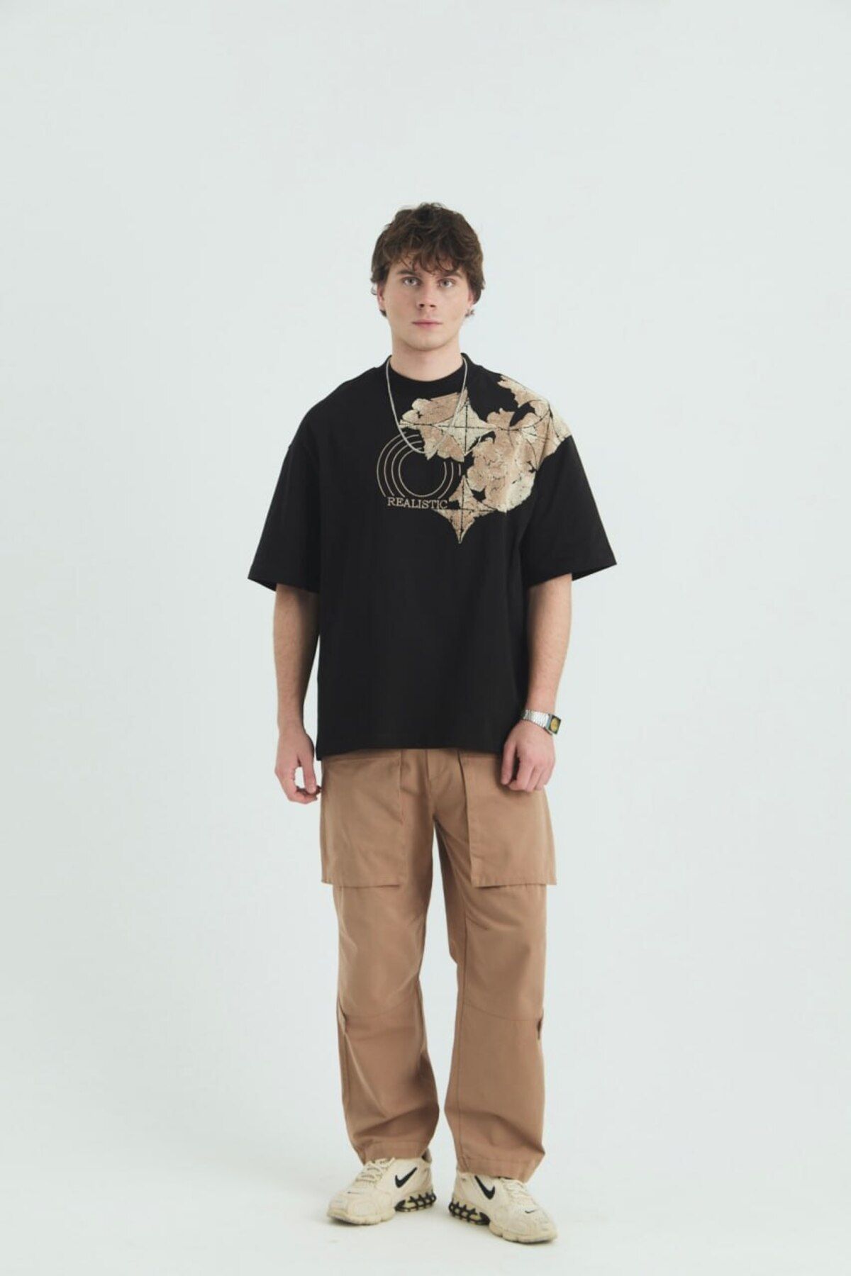 fame-stoned Realistic Baskılı, Nakışlı Unisex %100 Pamuk Siyah T-shirt