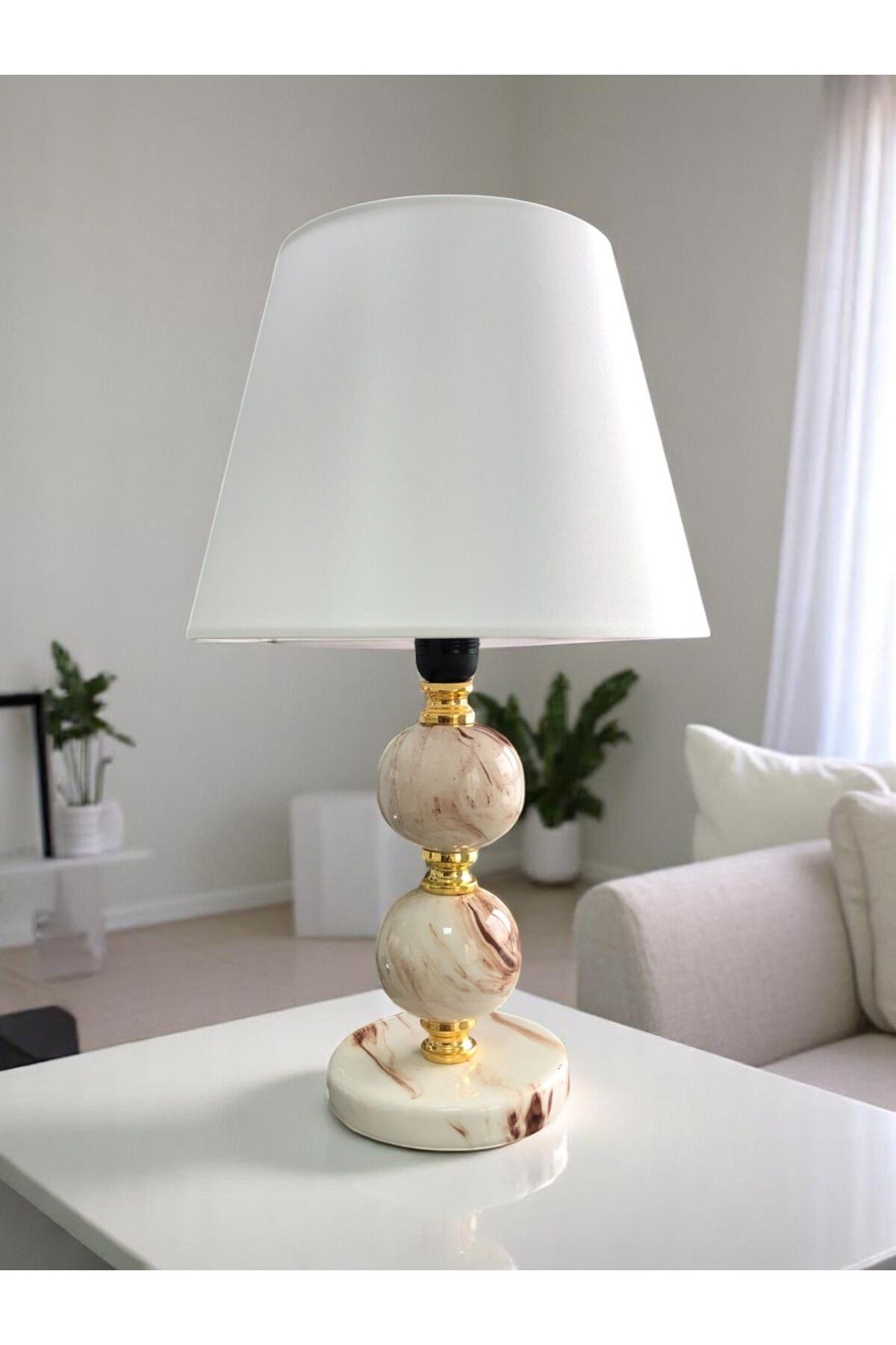 ferayhome Abajur Aydınlatma Seramik Toplu Kahverengi Marble Beyaz Şapka Gold - Feray Home