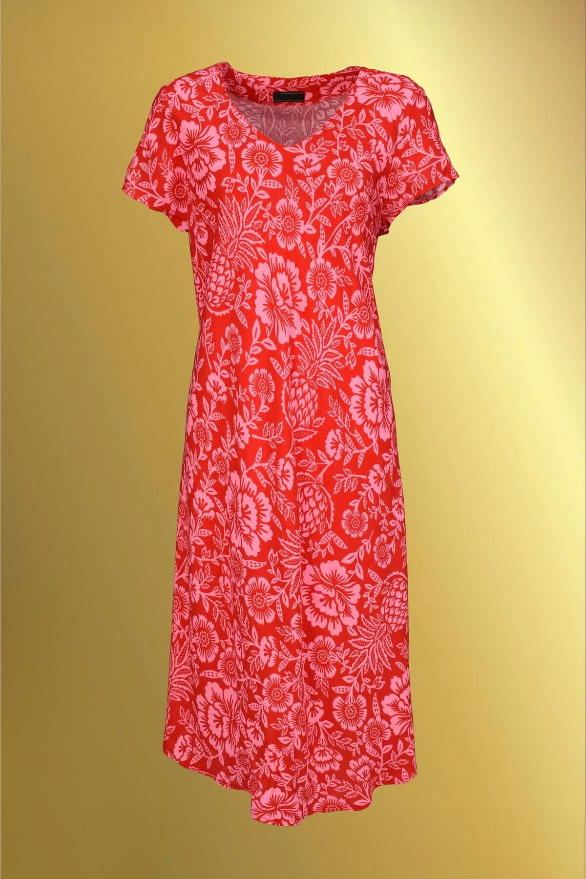 birizmoda KISA KOLLU PEMBE ÇİÇEKLİ KIRMIZI MİDİ ELBİSE