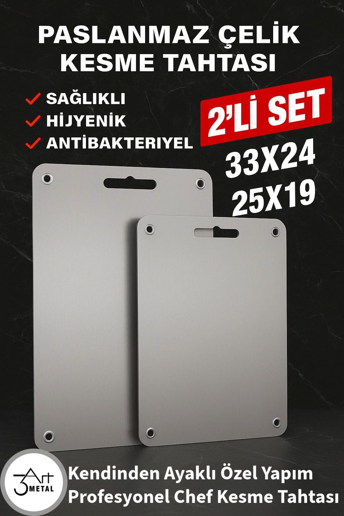 3art Metal Paslanmaz Çelik Kesme Tahtası 2’li Set - Hijyenik, Kokusuz ve Antibakteriyel - Gömme Ayaklı