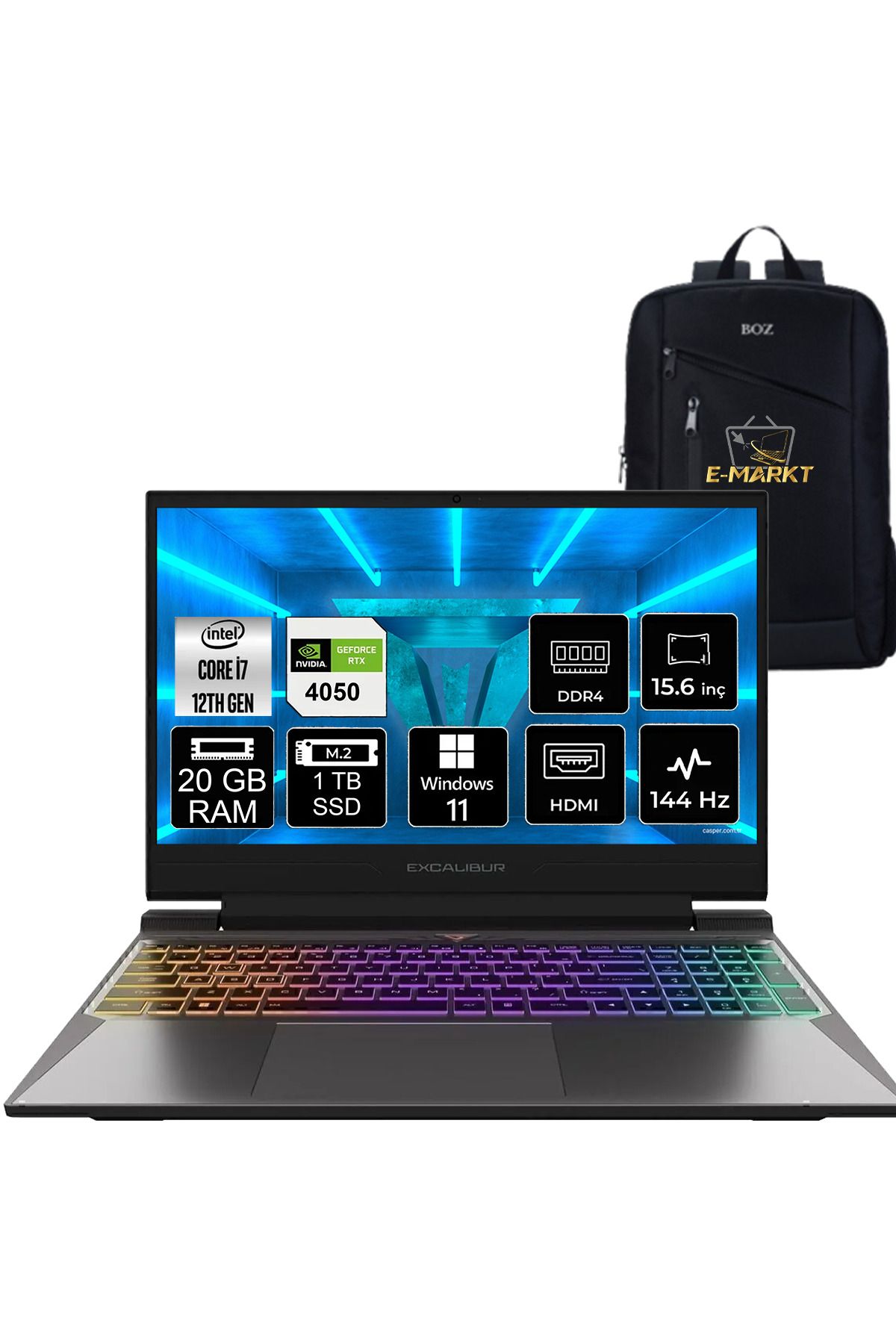 CASPER Excalibur G870 i7-12700H 20GB 1 TB SSD 6GB RTX4050 W11 15.6" Gaming Laptop 144Hz +Boz Çanta