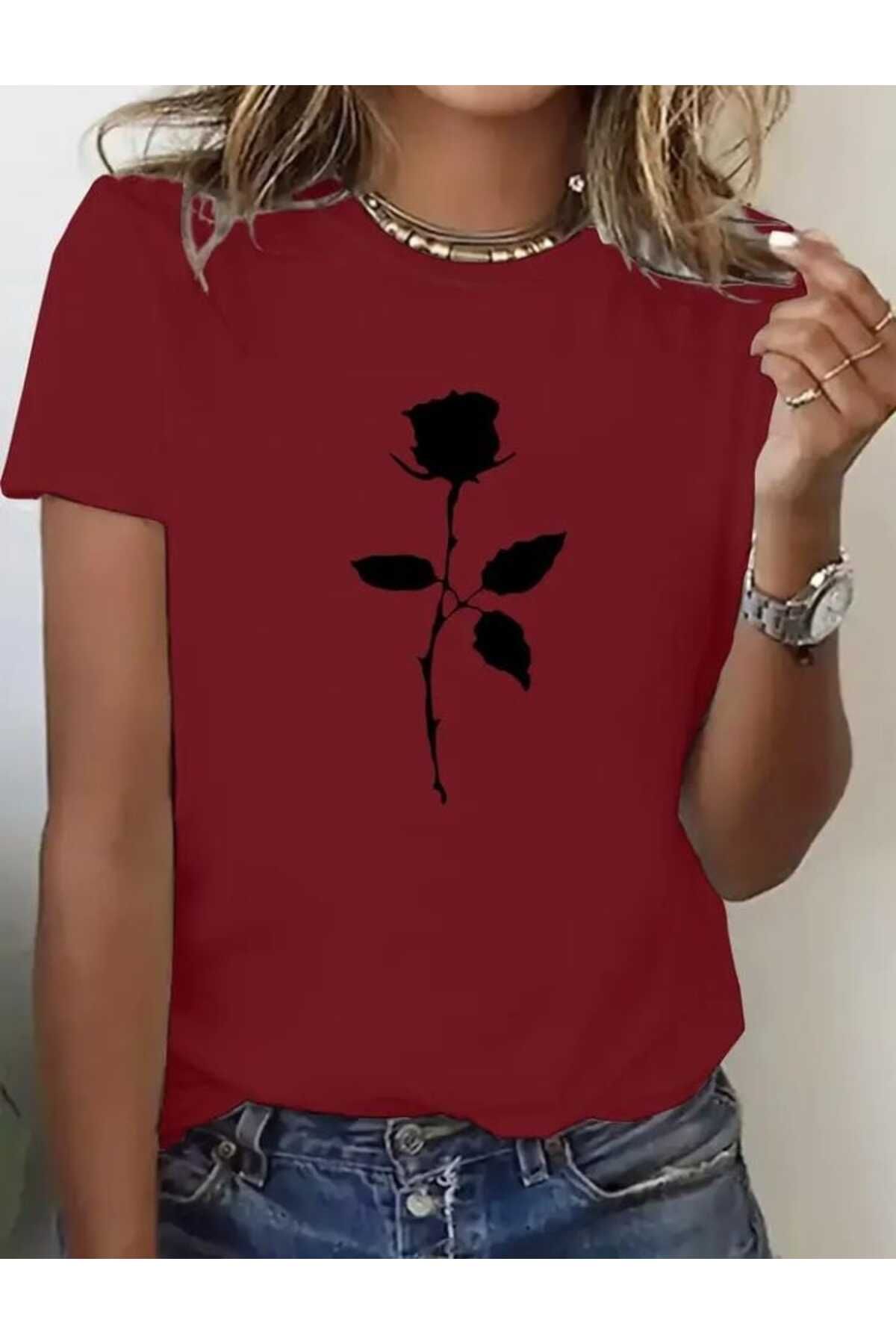 TekTarzz Unisex Gül Baskı Tasarımlı Trend Tshirt