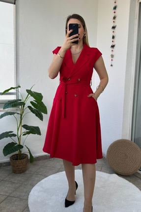 Genel Markalar Ceket Yaka Elbise Kemerli Kırmızı Kolsuz Elbise