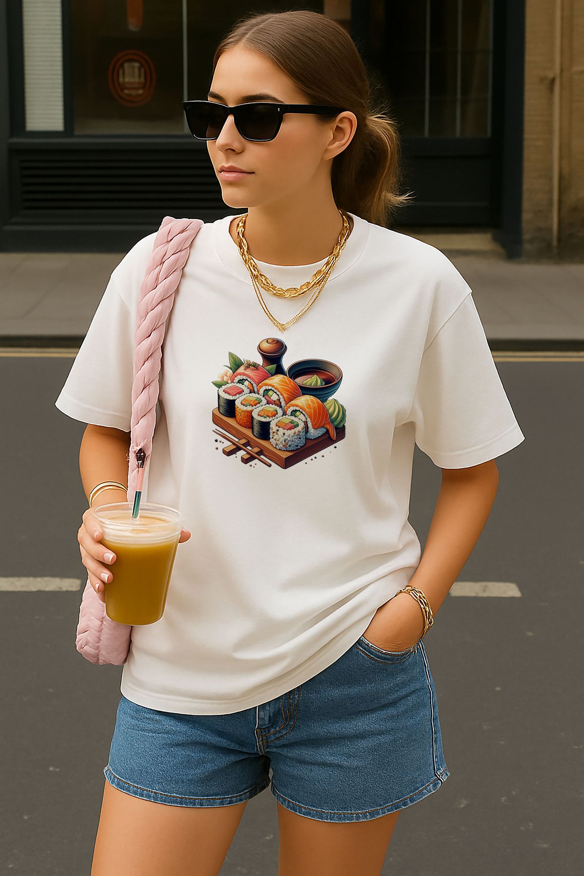 sielta Sushi Baskılı Oversize Pamuklu Kadın Beyaz Tişört T-shirt