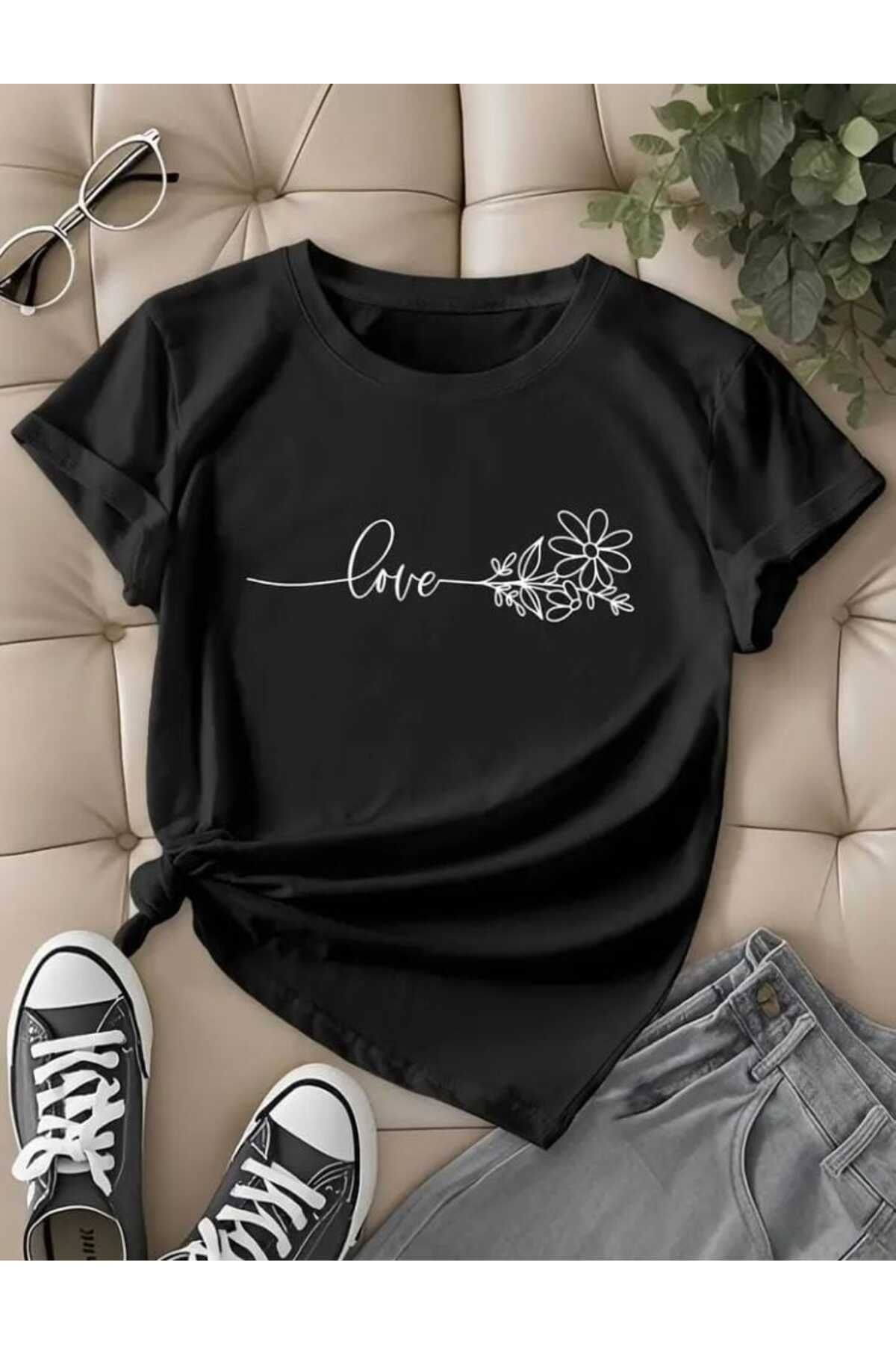 TekTarzz Unisex Çiçek Love Baskı Tasarımlı Trend Tshirt