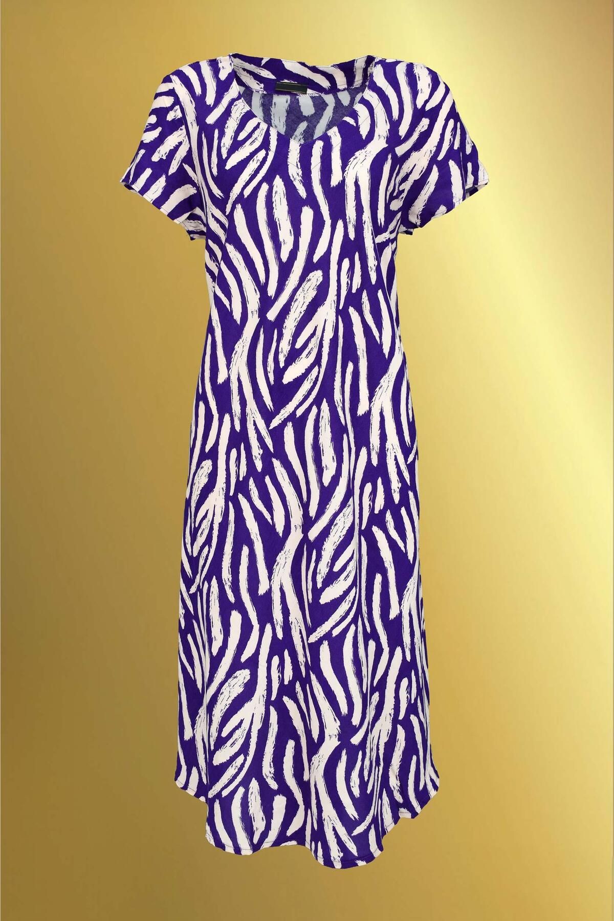 birizmoda KISA KOLLU KREM ÇİZGİLİ MOR MİDİ ELBİSE
