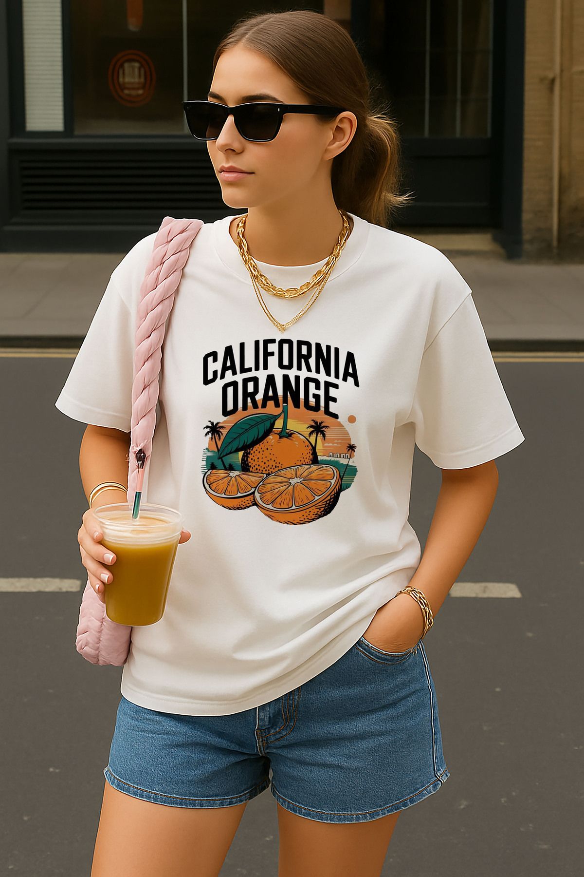 sielta Portakal Orange Baskılı Oversize Pamuklu Kadın Beyaz Tişört T-shirt