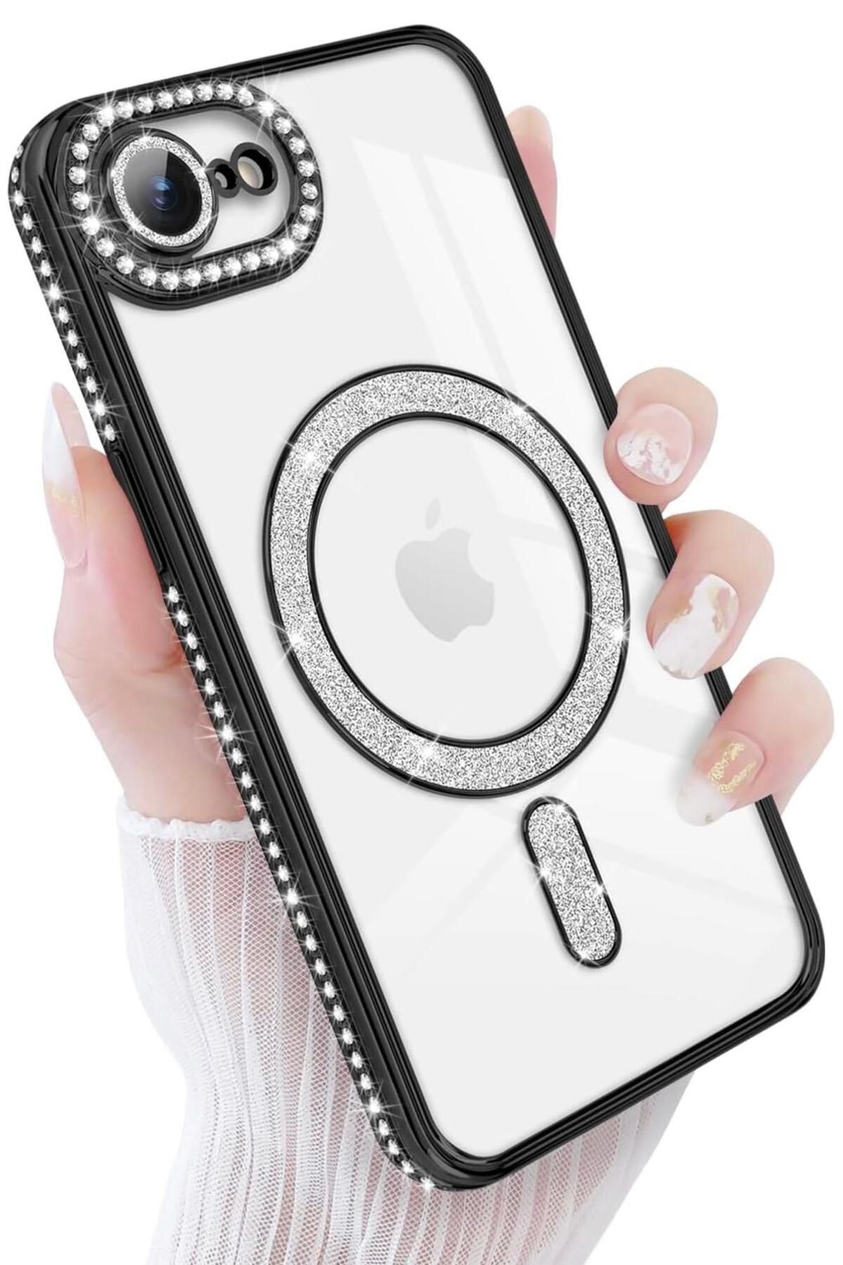 Sphone İphone 16e Kılıf Kamera Taşlı Korumalı Arka Şeffaf Etrafı Elmas Renkli Simli Parlak Magnetic Magsafe