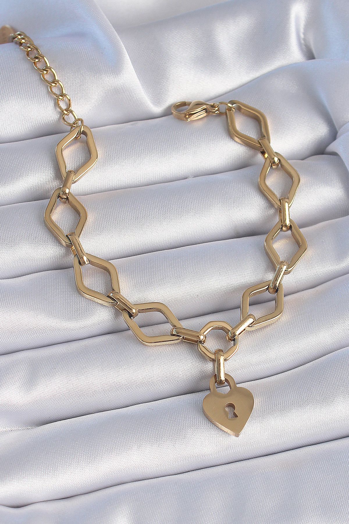 ÖYKÜ VE YİĞİT 316L Çelik Gold Renk Zincir Model Kilit Kalp Figür Kadın Bileklik - TJ-BB6434