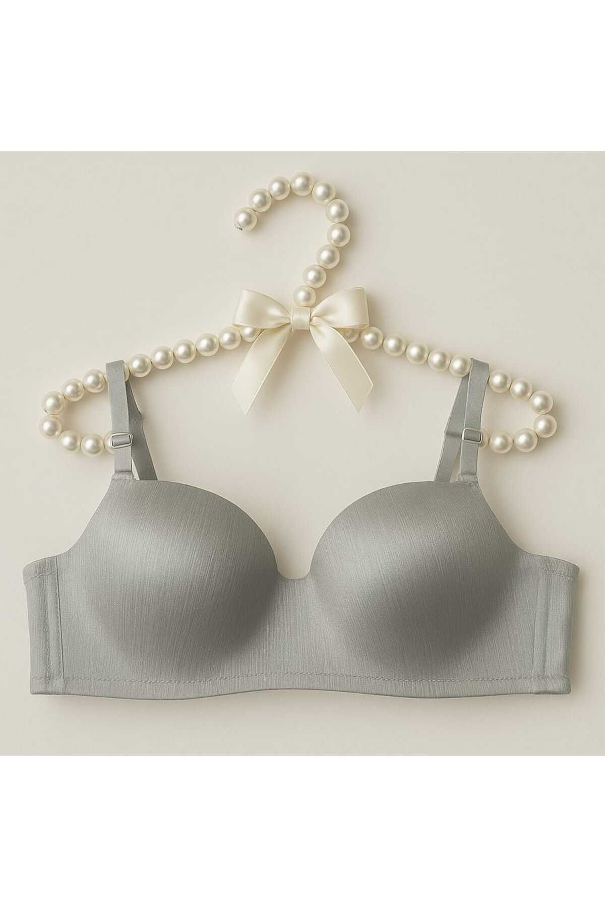 gigigiyim Gümüş Gri Işıltı Desteksiz Push-Up C Cup Kesim Sütyen