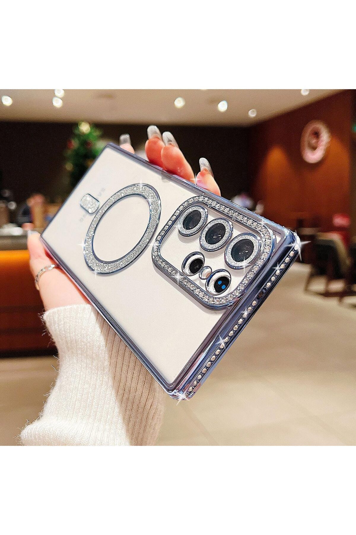 Posso Samsung Galaxy S23 Ultra Kılıf Simli Taşlı Detay Magsafe Kamera Lens Korumalı Işıltılı Silikon Case
