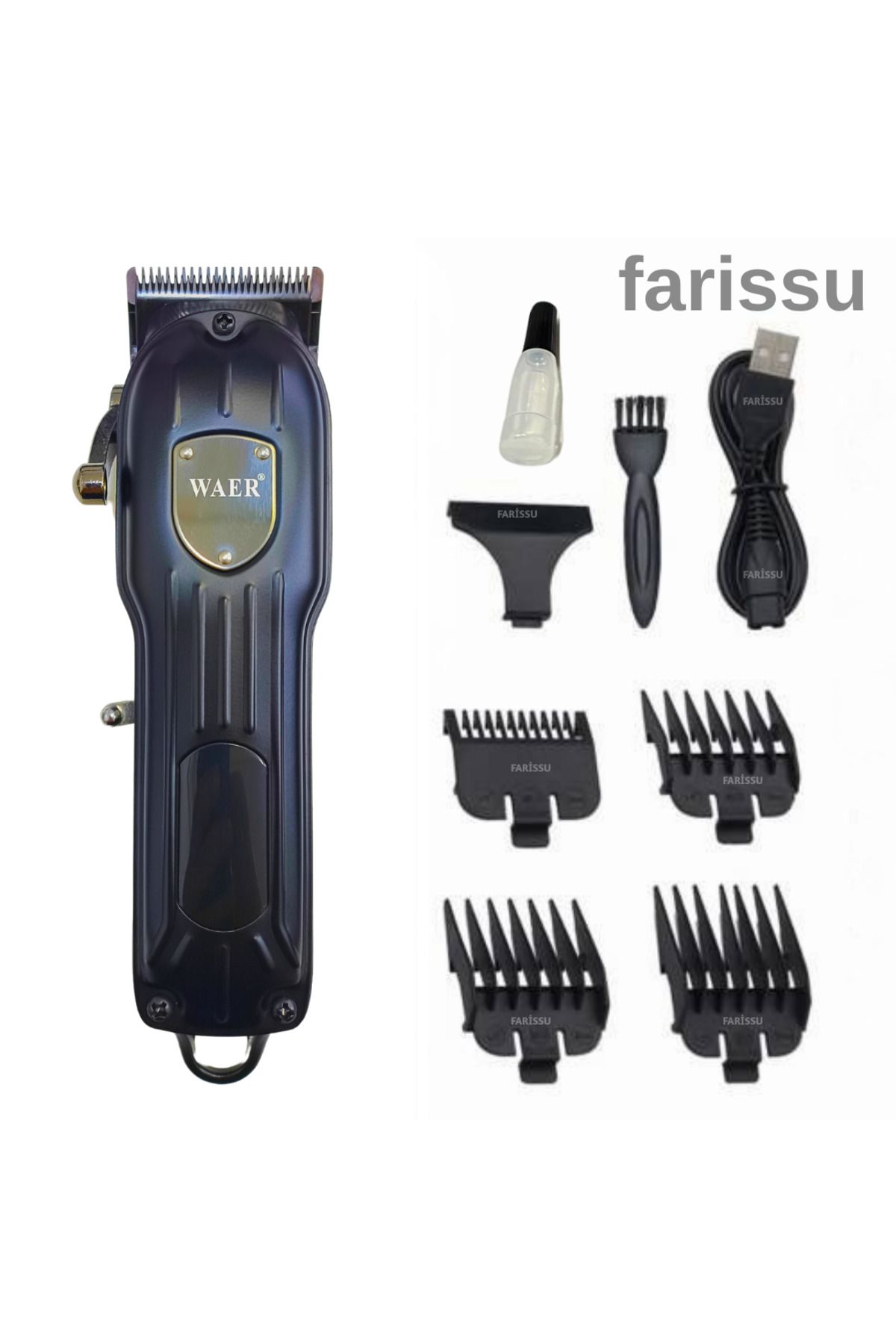 farissu WAER WA-095 Şarjlı Saç ve Sakal Kesme Tıraş Makinesi – 6500 RPM Güç – 4 Taraklı – USB Şarjlı