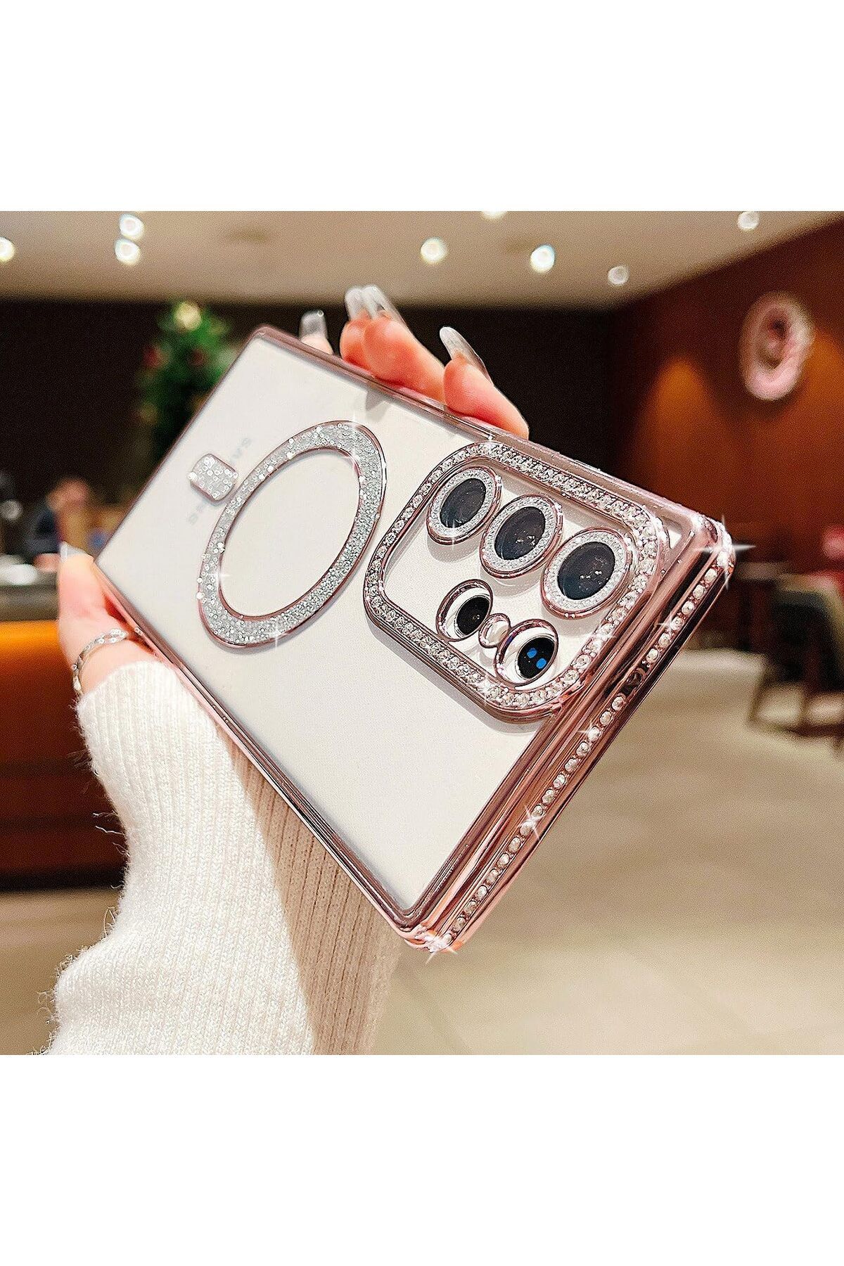 Posso Samsung Galaxy S23 Ultra Kılıf Simli Taşlı Detay Magsafe Kamera Lens Korumalı Işıltılı Silikon Case