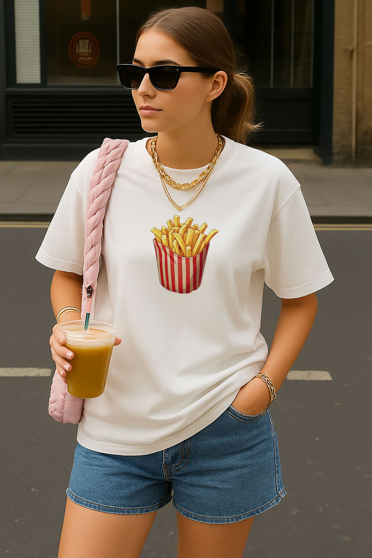 sielta Patates Kızartması Baskılı Oversize Pamuklu Kadın Beyaz Tişört T-shirt