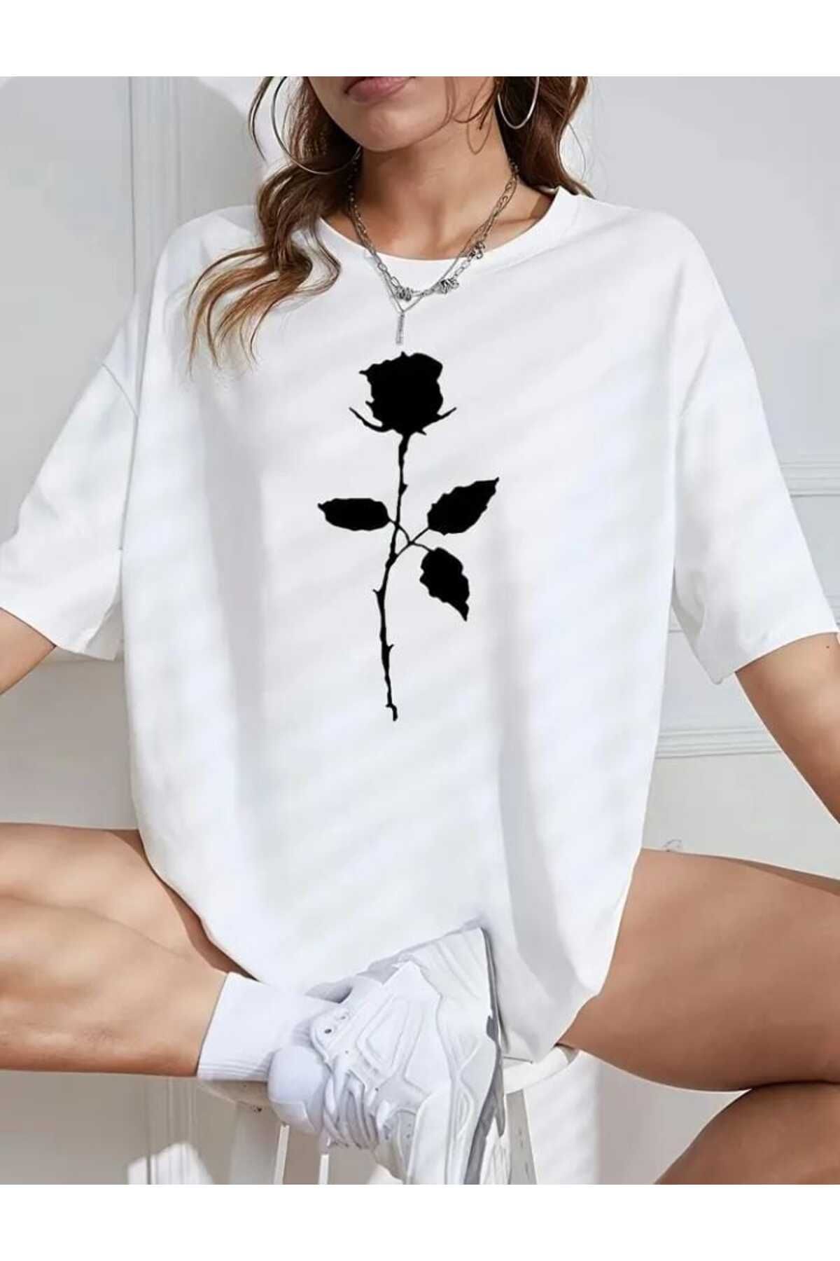 TekTarzz Unisex Gül Baskı Tasarımlı Trend Tshirt