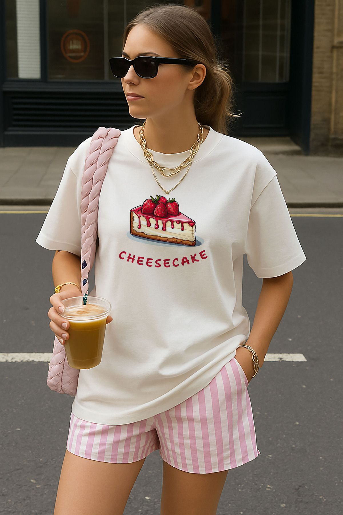 sielta CheeseCake Kek Baskılı Oversize Pamuklu Kadın Tişört T-shirt