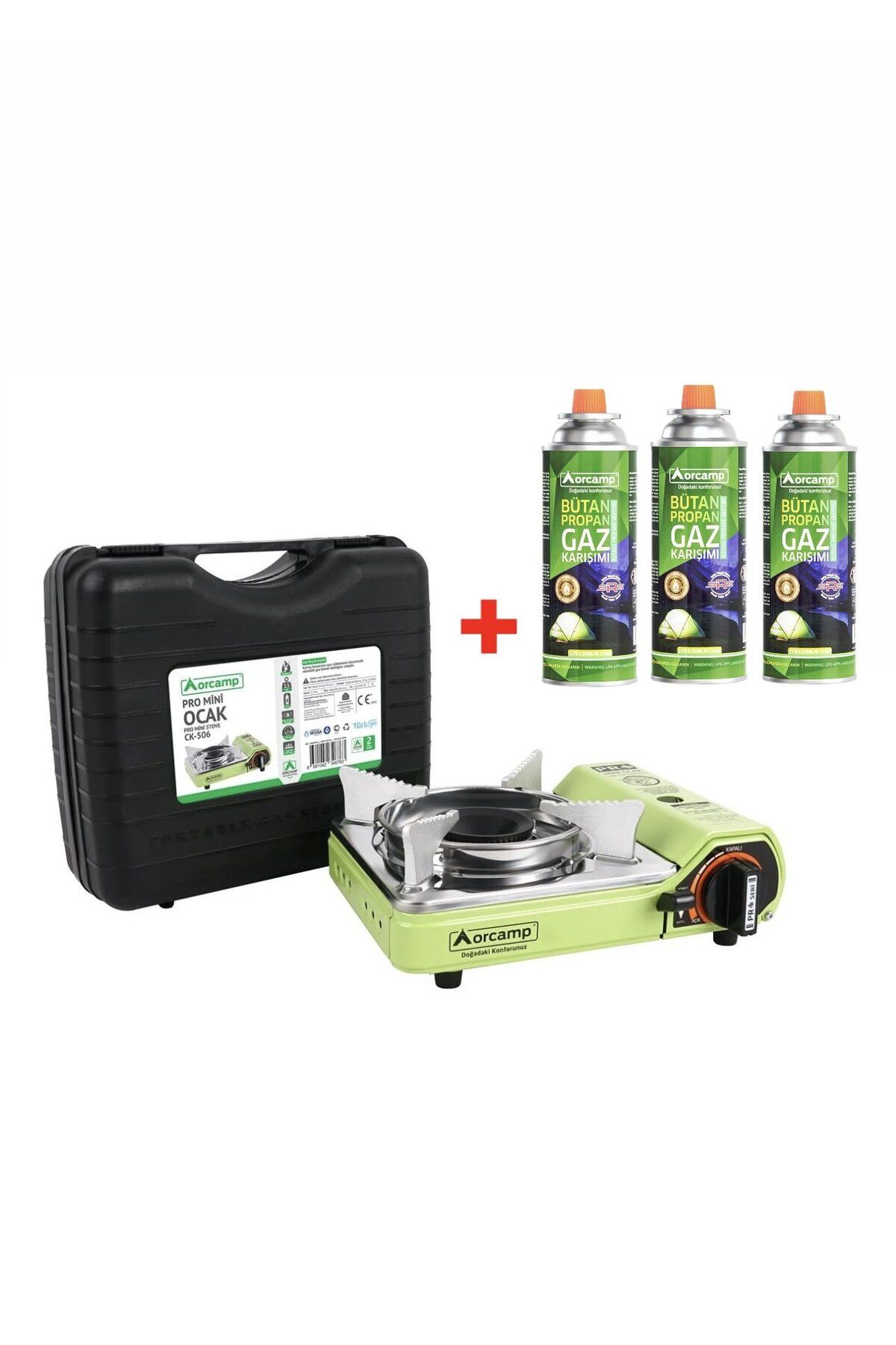 Orcamp Tekli Mini Portatif Kamp Ocak ve 3 Adet 227 gr Gaz Kartuş Seti Yeşil